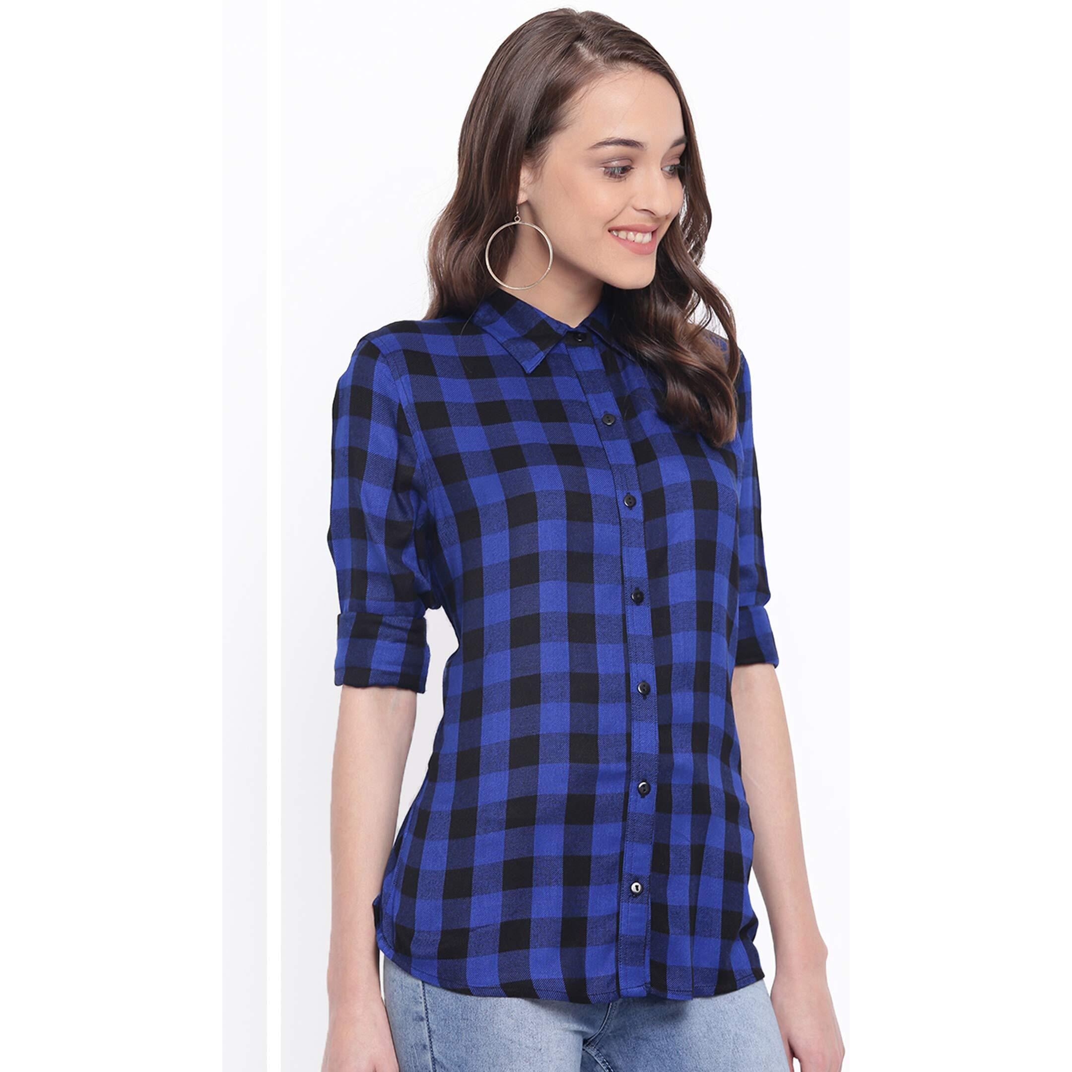 Vastraa Fusion Women's Cotton Checkered Shirt (Ts0934-S_Royal Blue-Black_S)