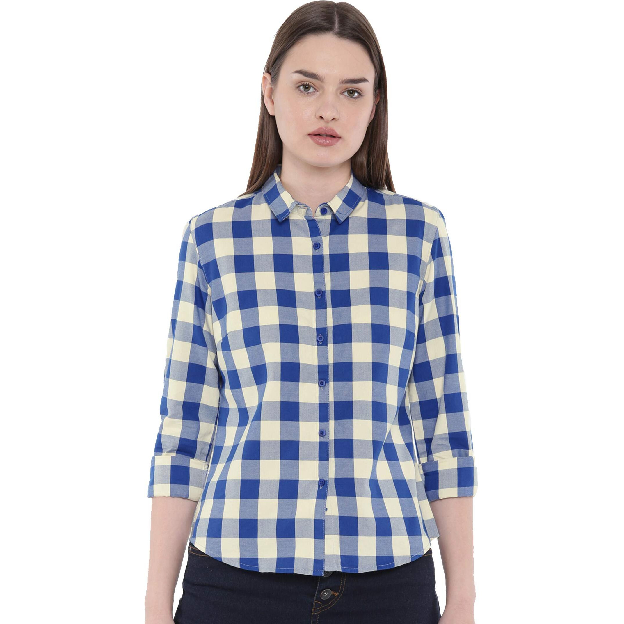 Vastraa Fusion Women's Cotton Checkered Shirt (Ts0933-L_Light Blue-White_L)