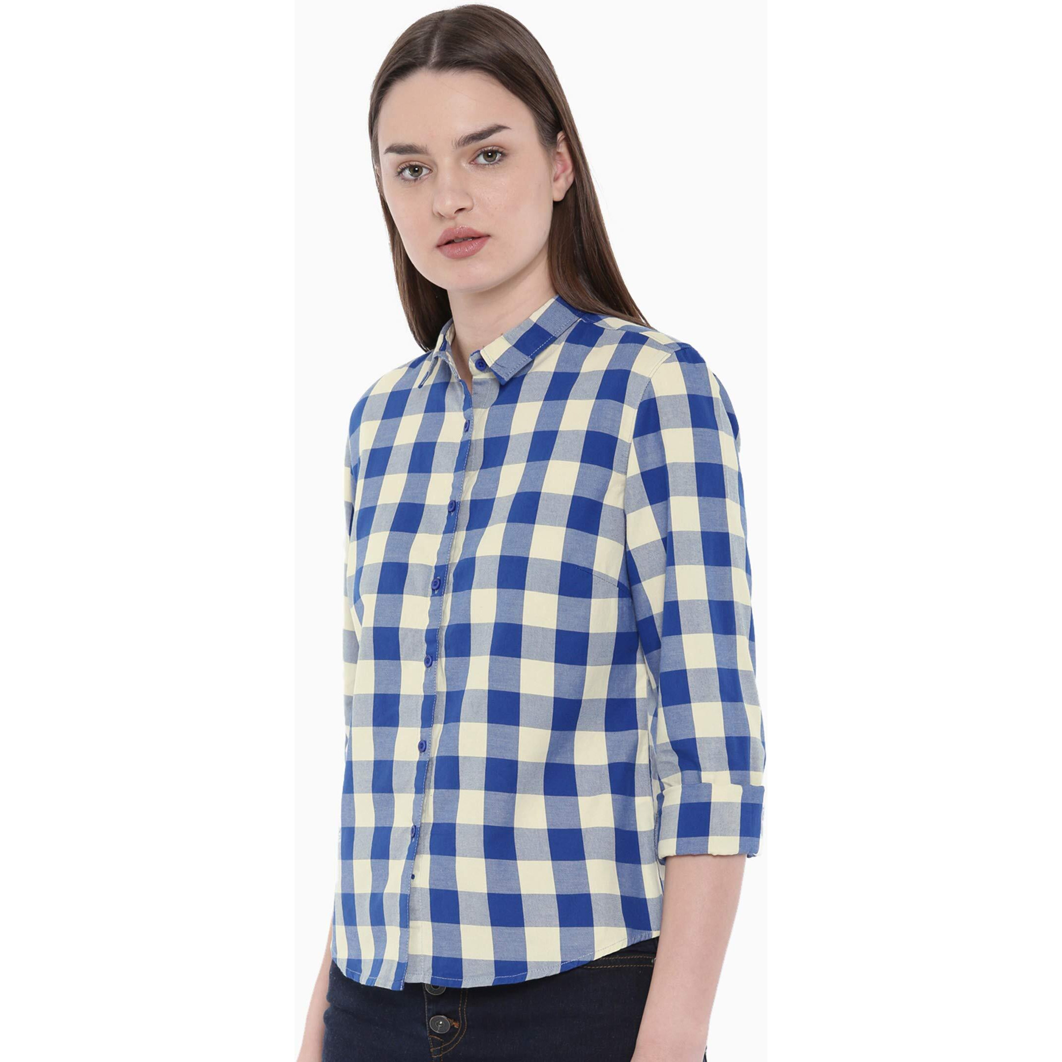 Vastraa Fusion Women's Cotton Checkered Shirt (Ts0933-L_Light Blue-White_L)
