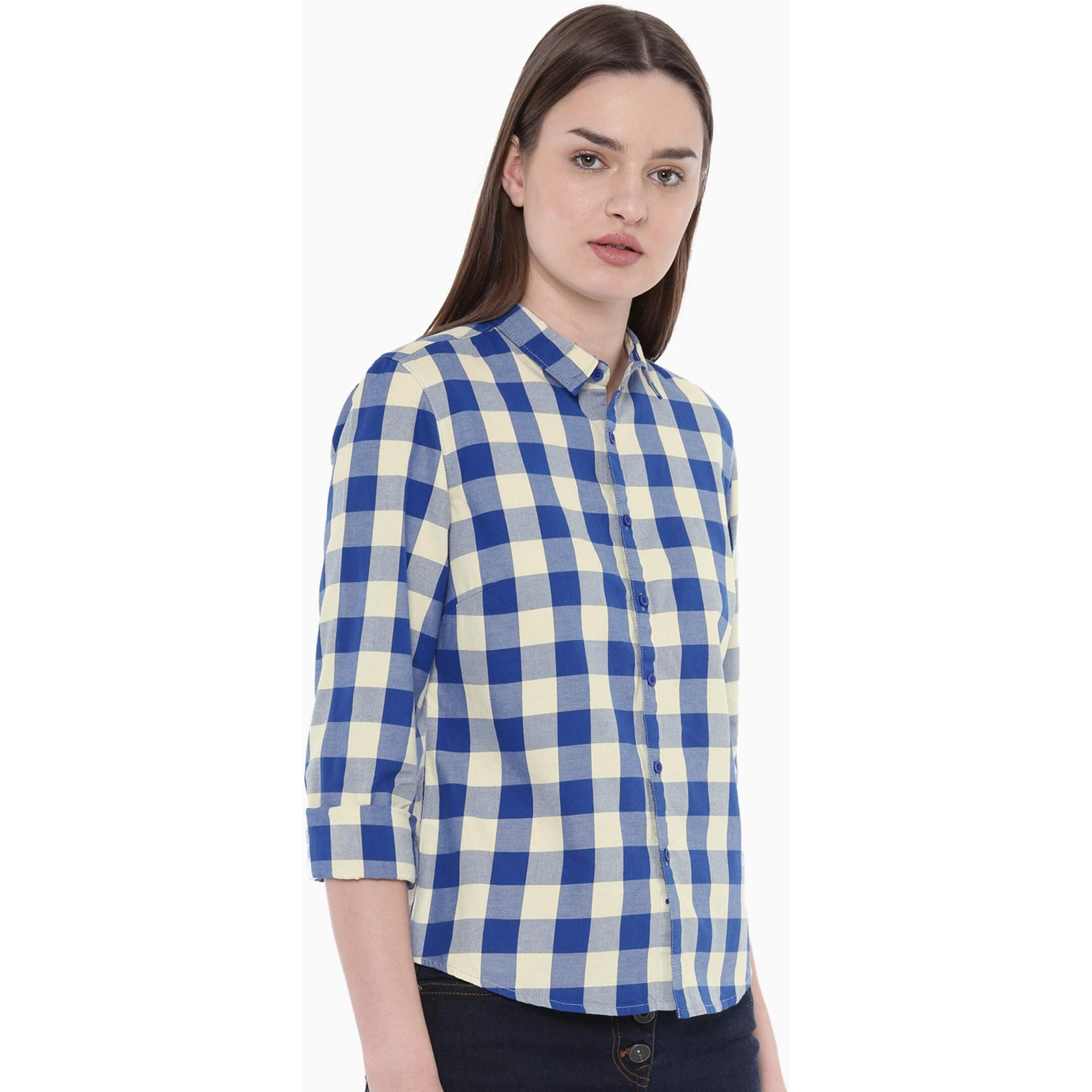 Vastraa Fusion Women's Cotton Checkered Shirt (Ts0933-L_Light Blue-White_L)
