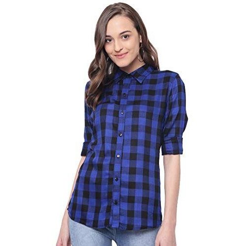 Vastraa Fusion Women's Cotton Checkered Shirt (Ts0934-3Xl_Royal Blue-Black_3Xl)