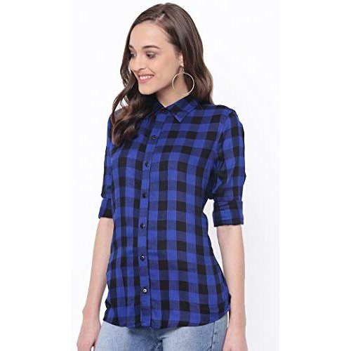 Vastraa Fusion Women's Cotton Checkered Shirt (Ts0934-3Xl_Royal Blue-Black_3Xl)