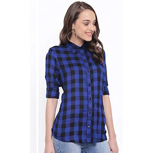 Vastraa Fusion Women's Cotton Checkered Shirt (Ts0934-3Xl_Royal Blue-Black_3Xl)