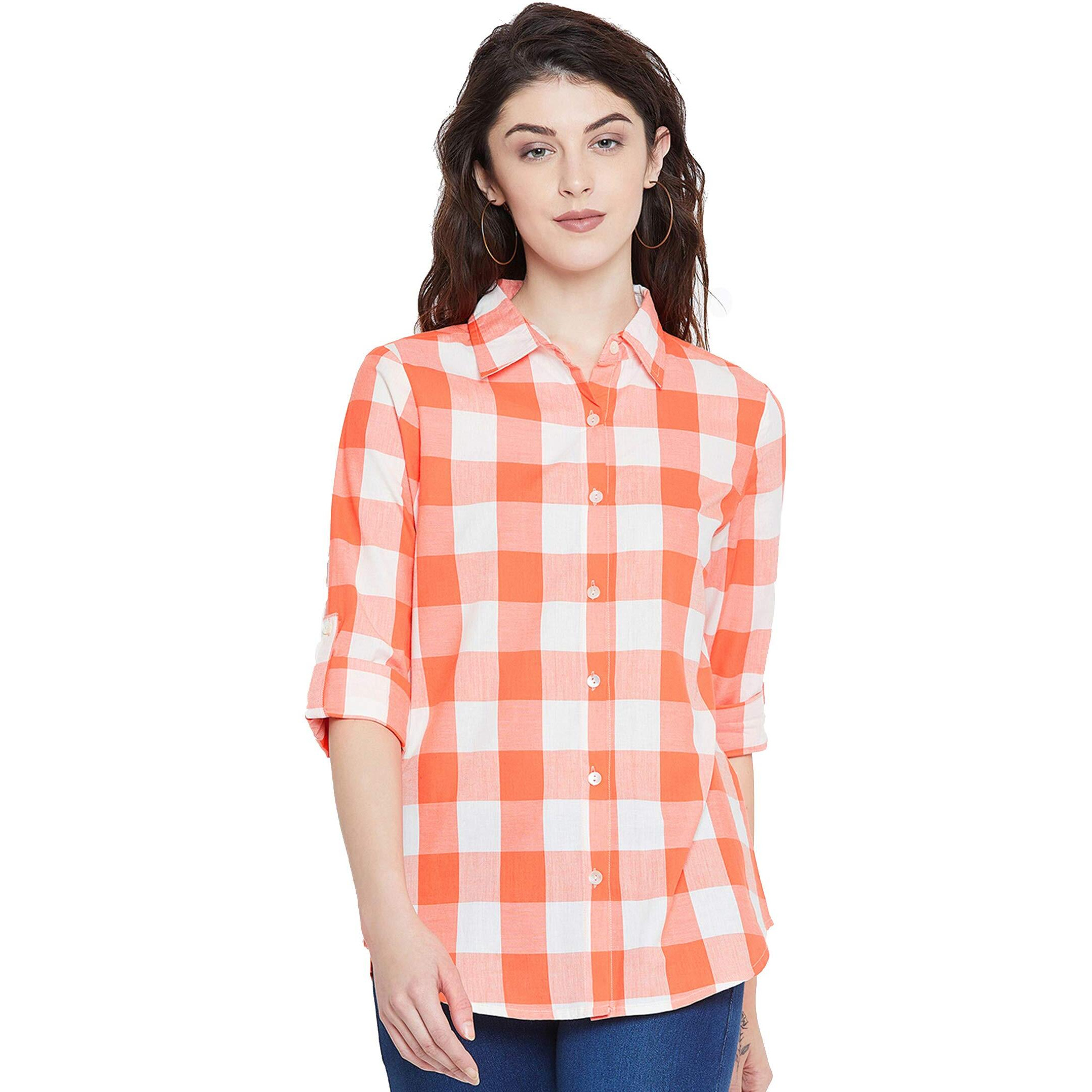 Vastraa Fusion Women's Cotton Checkered Shirt (Ts0932-S_Orange-White_S)