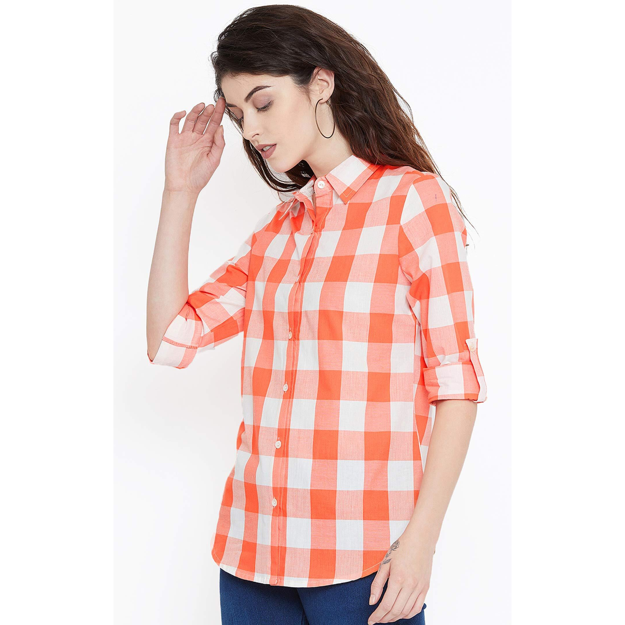 Vastraa Fusion Women's Cotton Checkered Shirt (Ts0932-S_Orange-White_S)