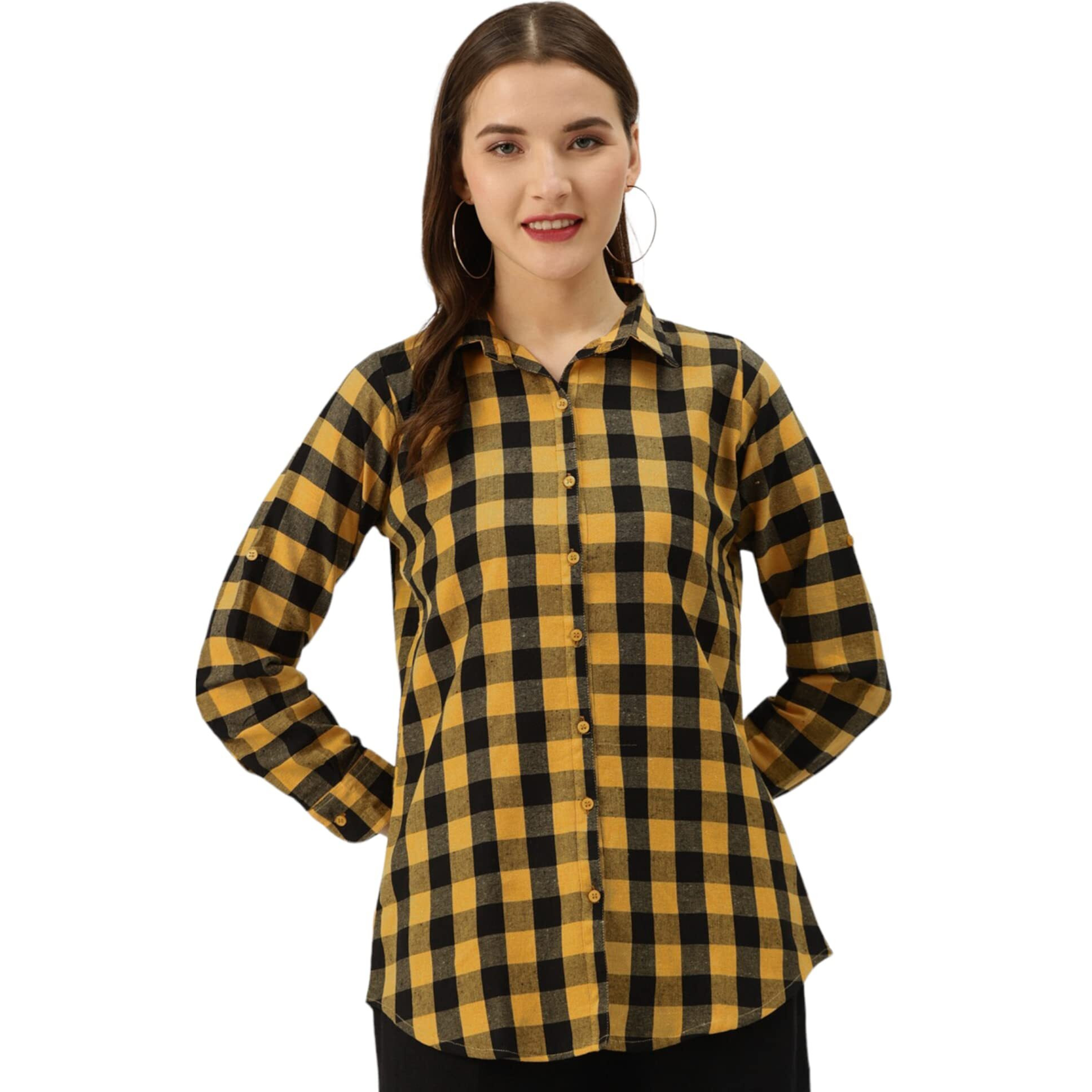 Vastraa Fusion Women's Cotton Checkered Shirt (Ts0935-S_Yellow-Black_S)