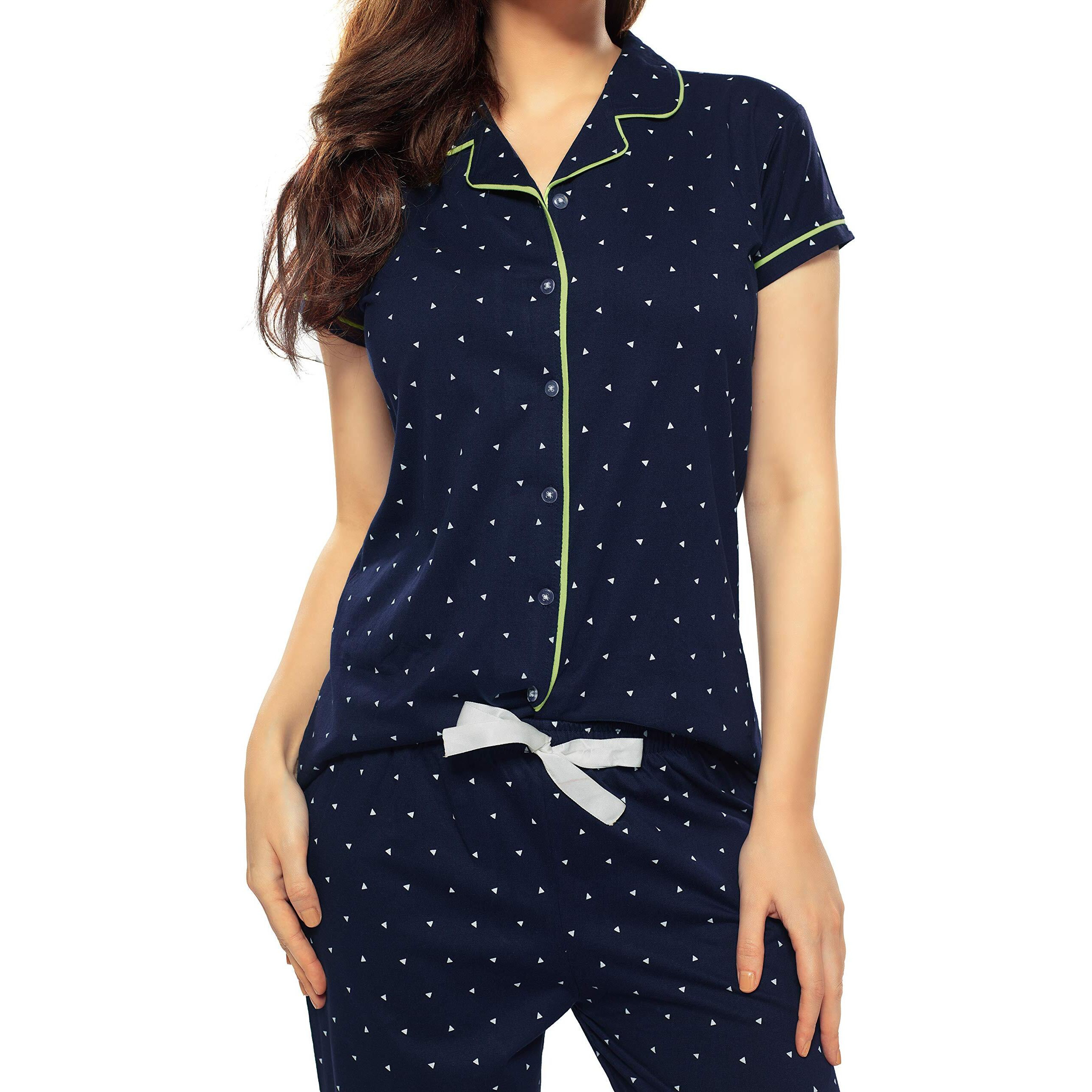Zeyo Women's Cotton Tringle Printed Navy Blue (Green Piping) Night Suit Set Of Shirt & Pyjama 5054