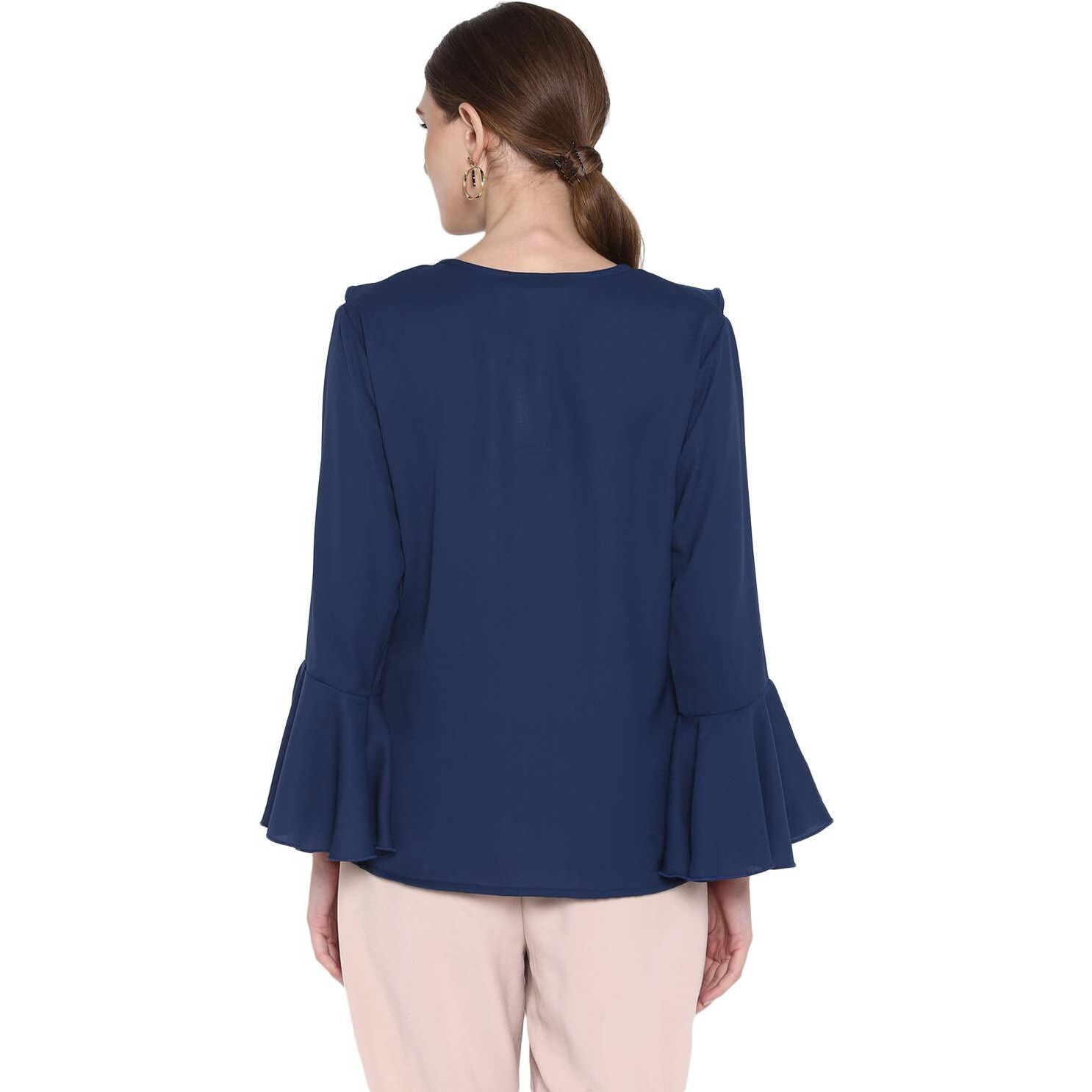 Indietoga Women's Blue Solid Ruffled Georgette Tops (Bell Sleeves Medium)