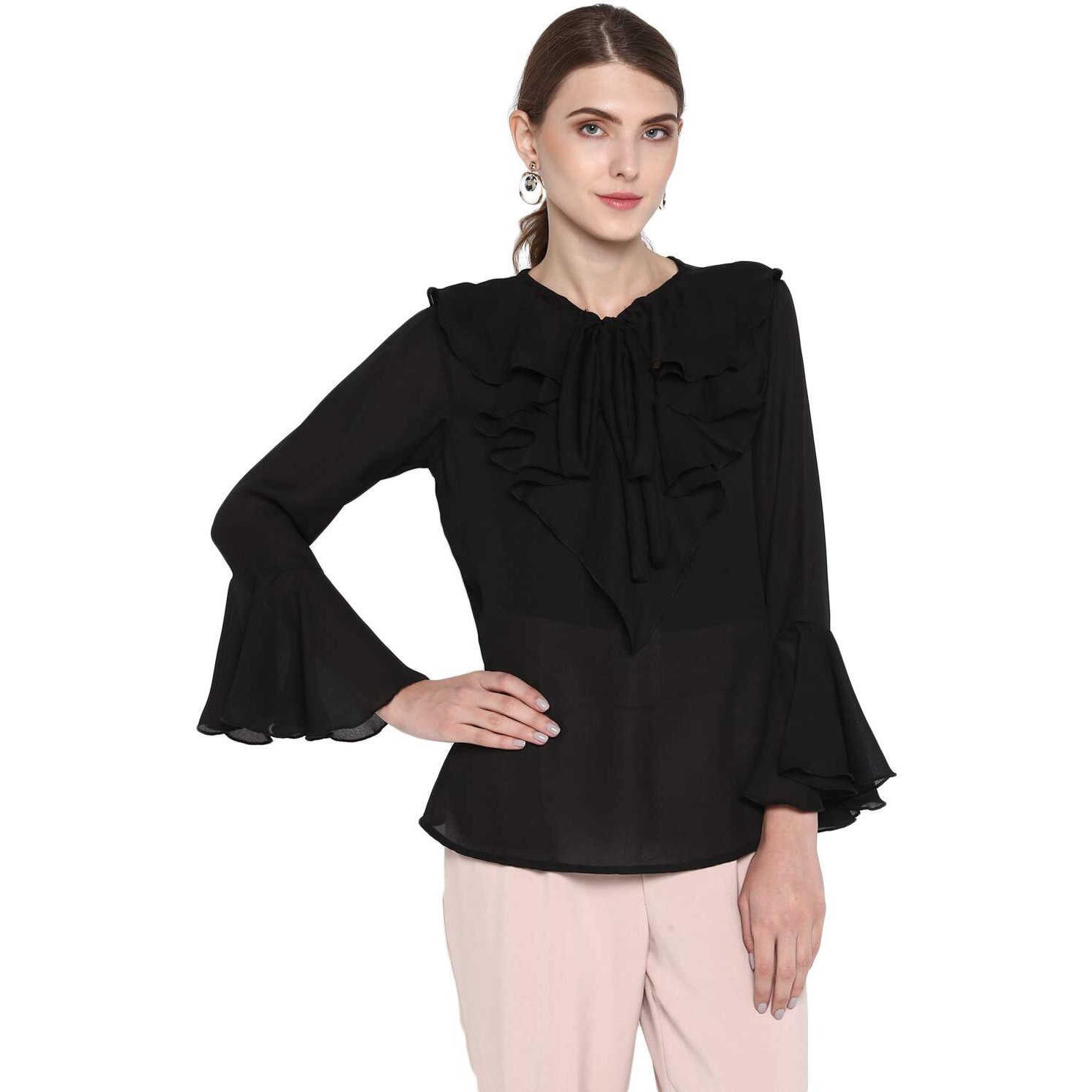 Indietoga Women's Georgette Casual Ruffled Neck Tops (10001220_Black Solid_Medium)