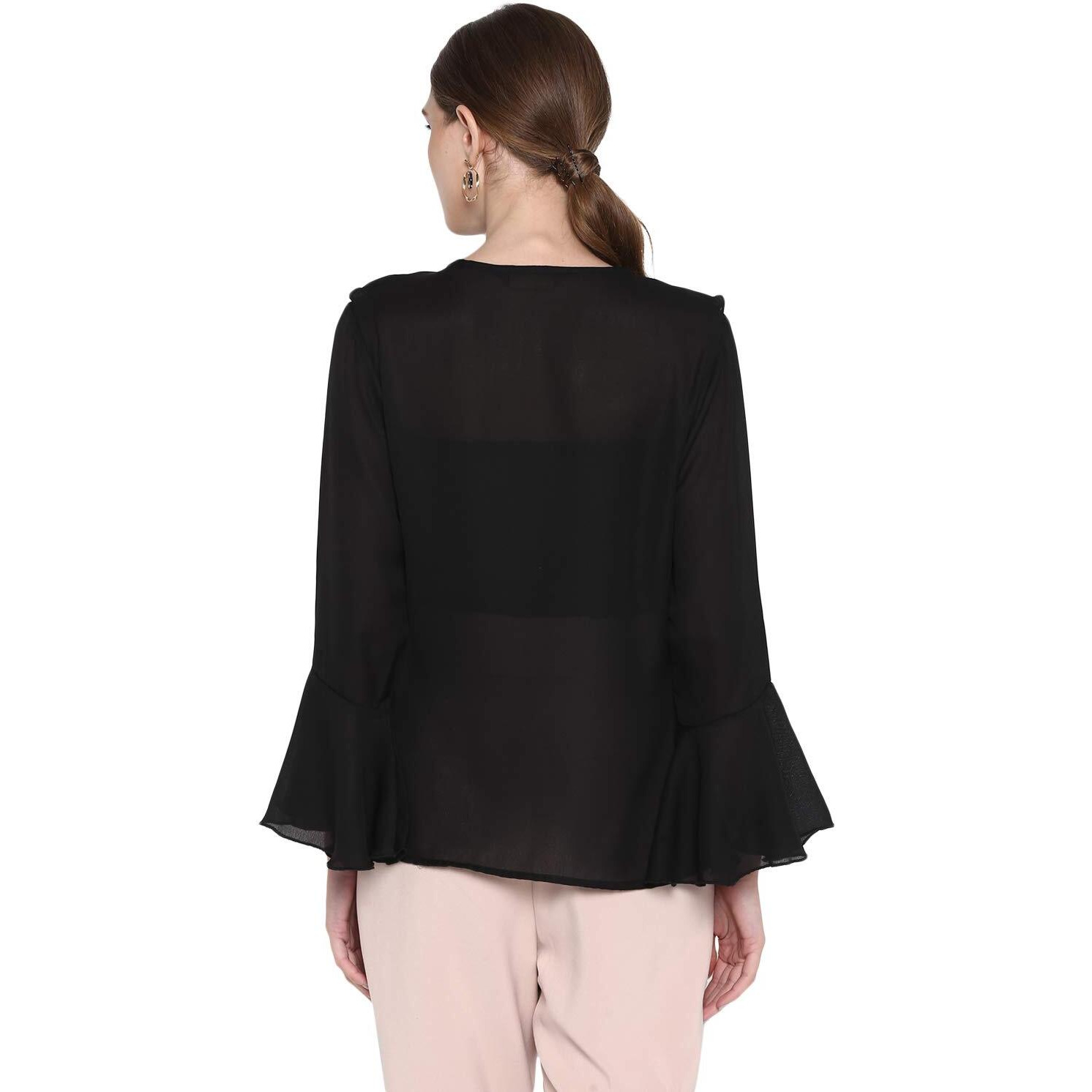 Indietoga Women's Georgette Casual Ruffled Neck Tops (10001220_Black Solid_Small)
