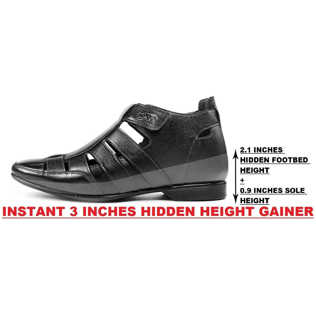 3 Inch (7.6 Cm) Height Increasing Casual Faux Leather Black Roman Sandals For All Occasion (Instant 3 Inches Hidden Height Gainer)-9 Uk
