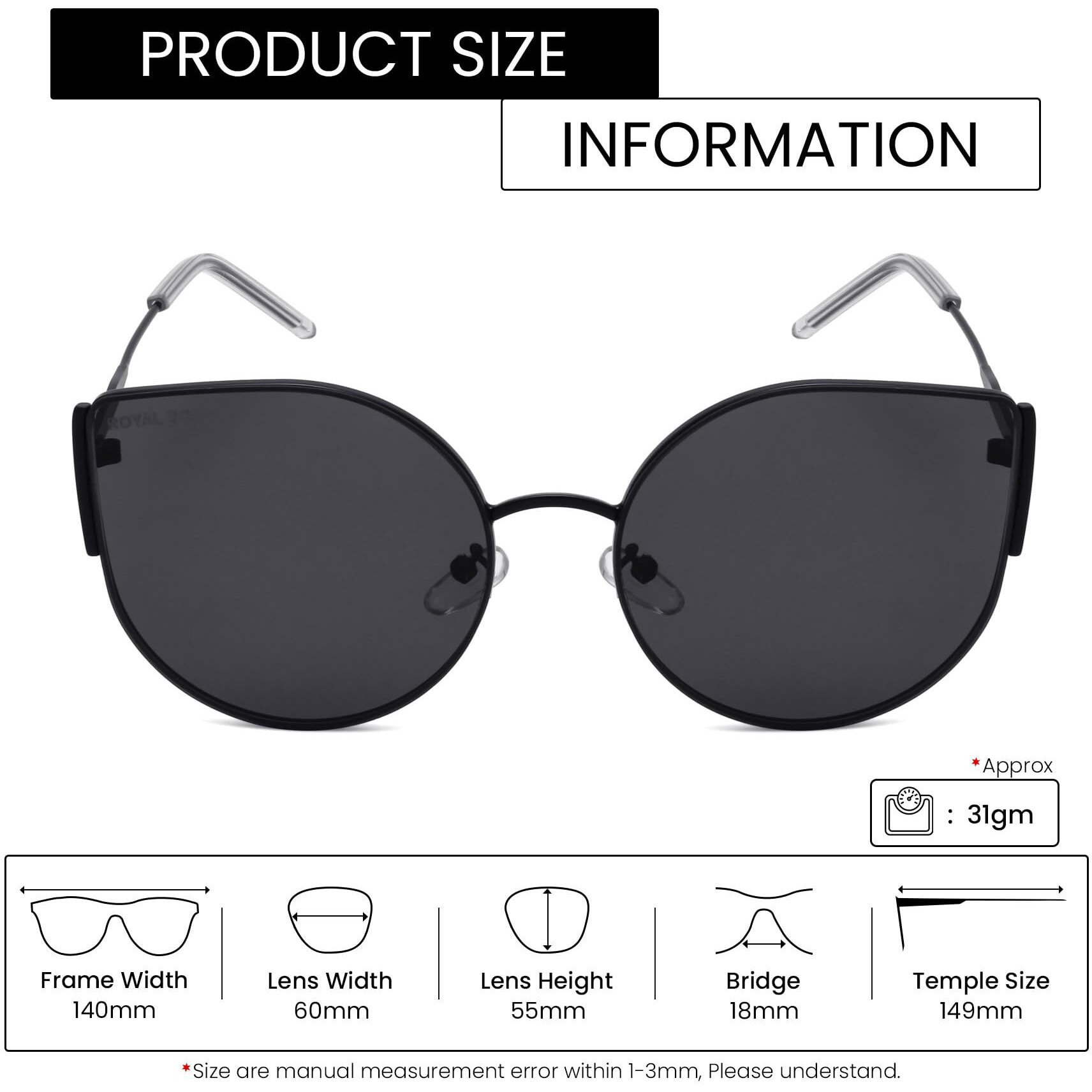 Royal Son Latest Stylish Round Cat Eye Oval Goggles Non-Polarization Sunglasses For Women Girls Ladies (Black Lens) (Medium)
