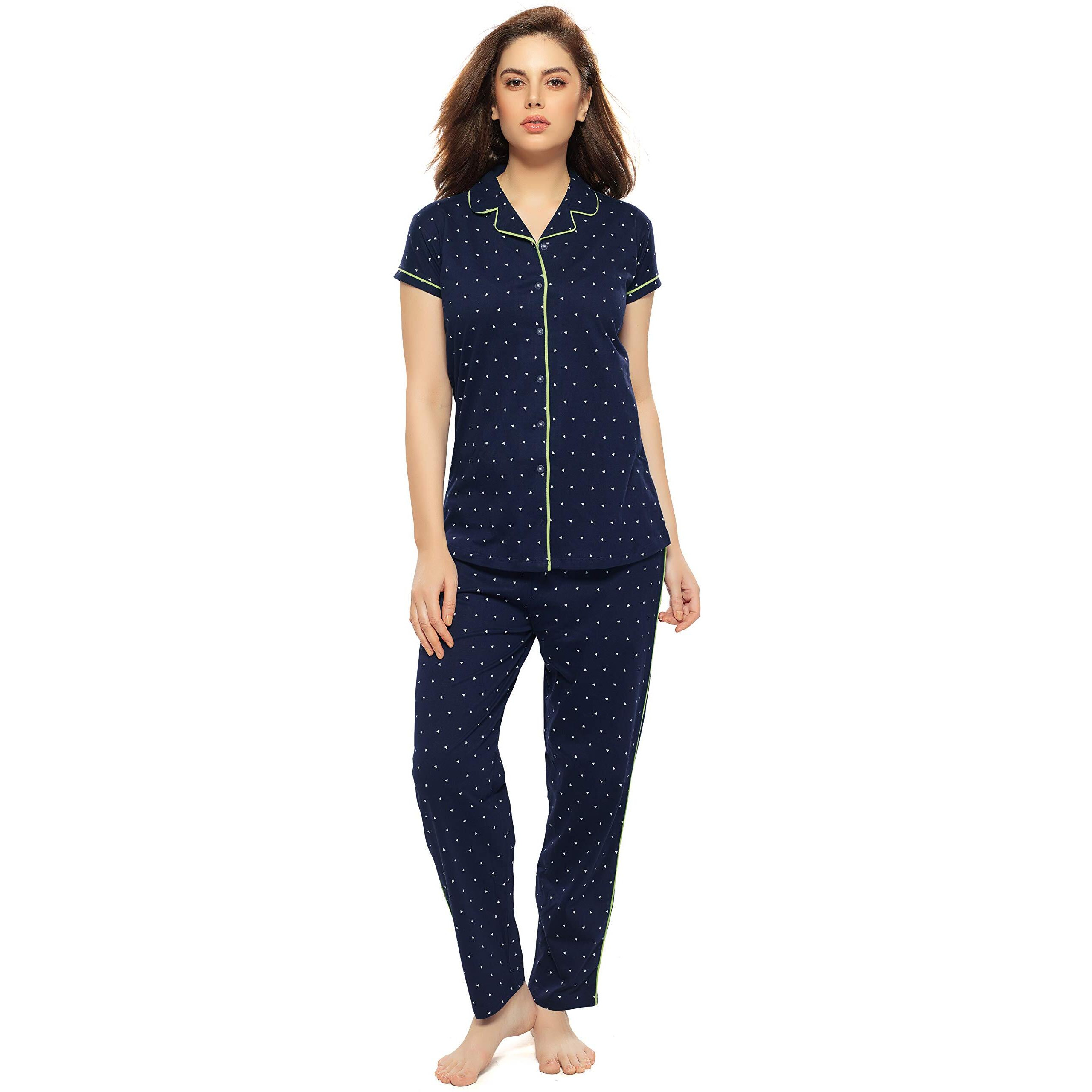 Zeyo Women's Cotton Tringle Printed Navy Blue (Green Piping) Night Suit Set Of Shirt & Pyjama 5054