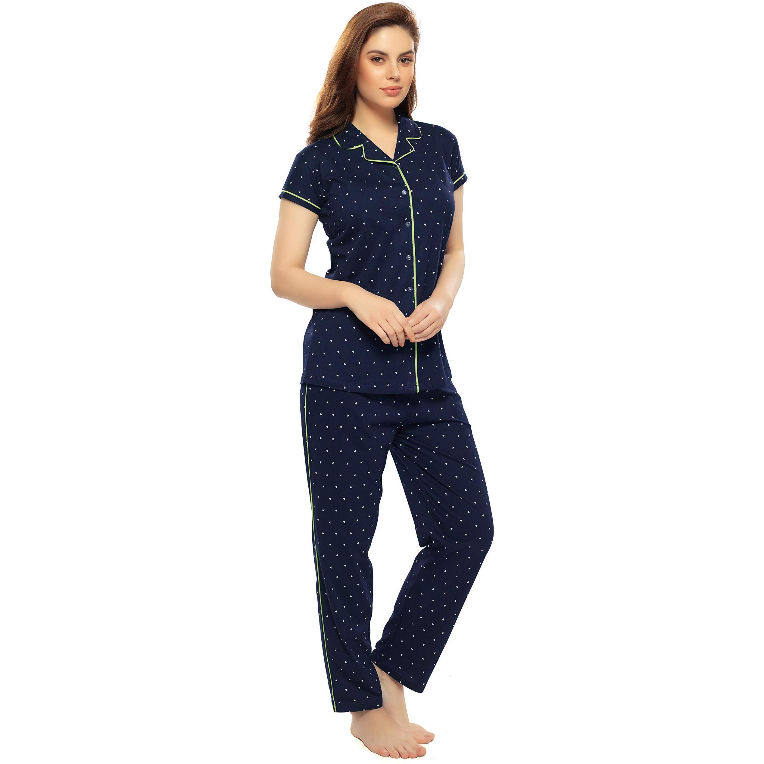 Zeyo Women's Cotton Tringle Printed Navy Blue (Green Piping) Night Suit Set Of Shirt & Pyjama 5054