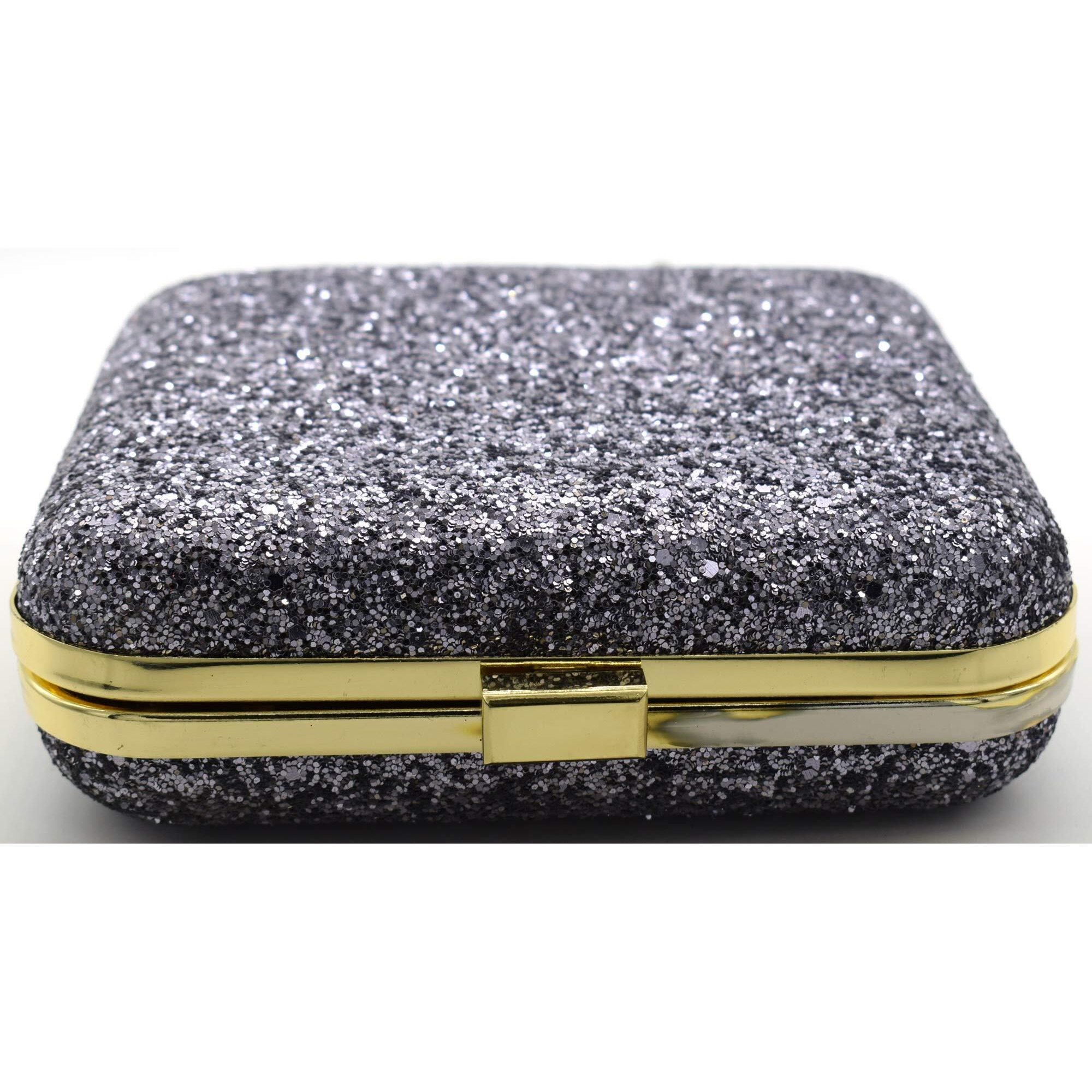 Tooba Handicraft Hand Embroidered Box Clutch Bag Purse For Bridal, Casual, Party, Wedding (Metallic Grey)