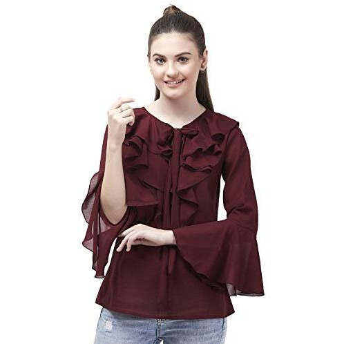 Indietoga Women's Plus Size Georgette Casual Ruffled Neck Tops (10001232_Maroon Solid_6Xl)