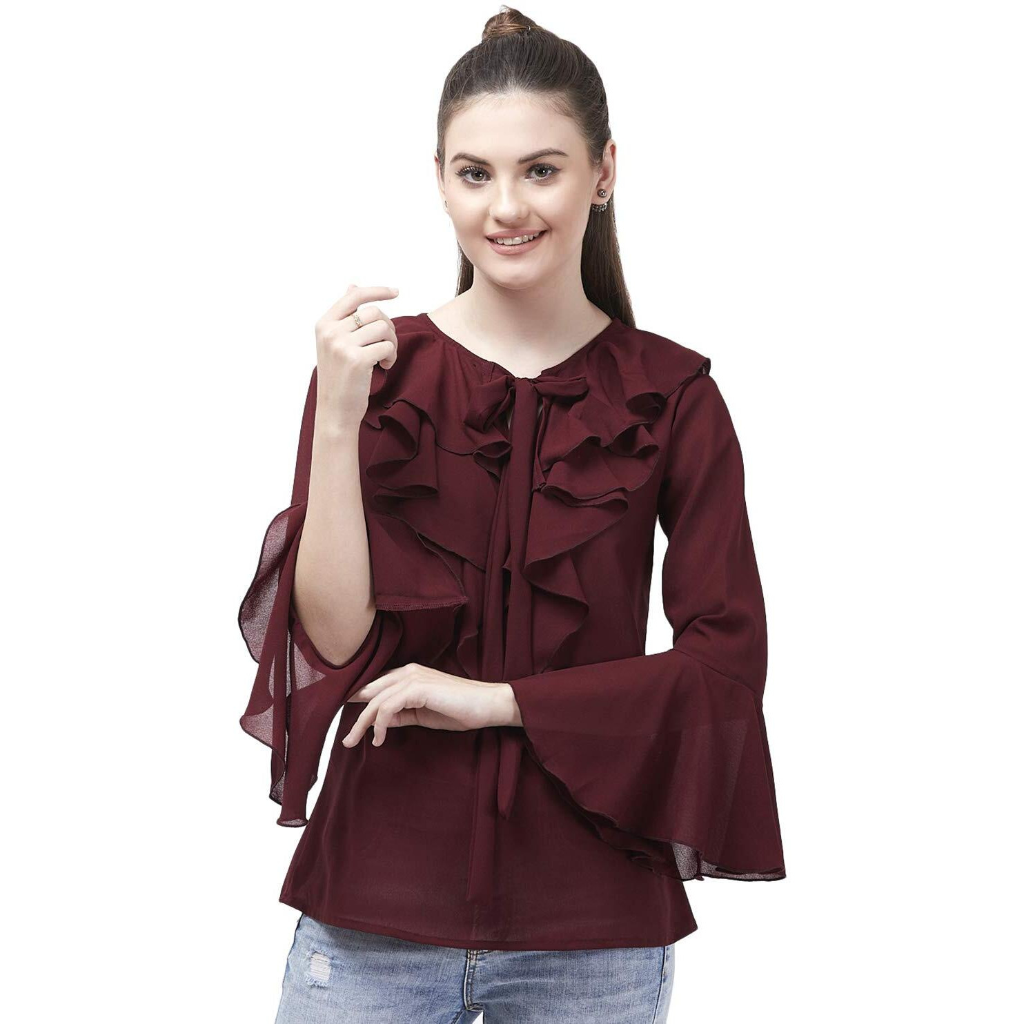 Indietoga Women's Georgette Casual Ruffled Neck Tops (10001232_Maroon Solid_Medium)