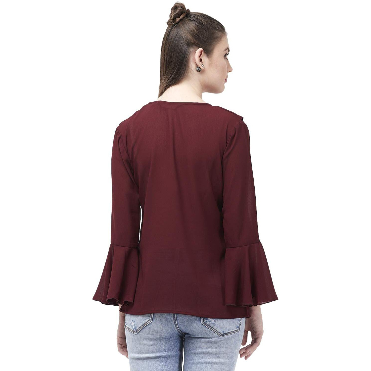 Indietoga Women's Georgette Casual Ruffled Neck Tops (10001232_Maroon Solid_Medium)