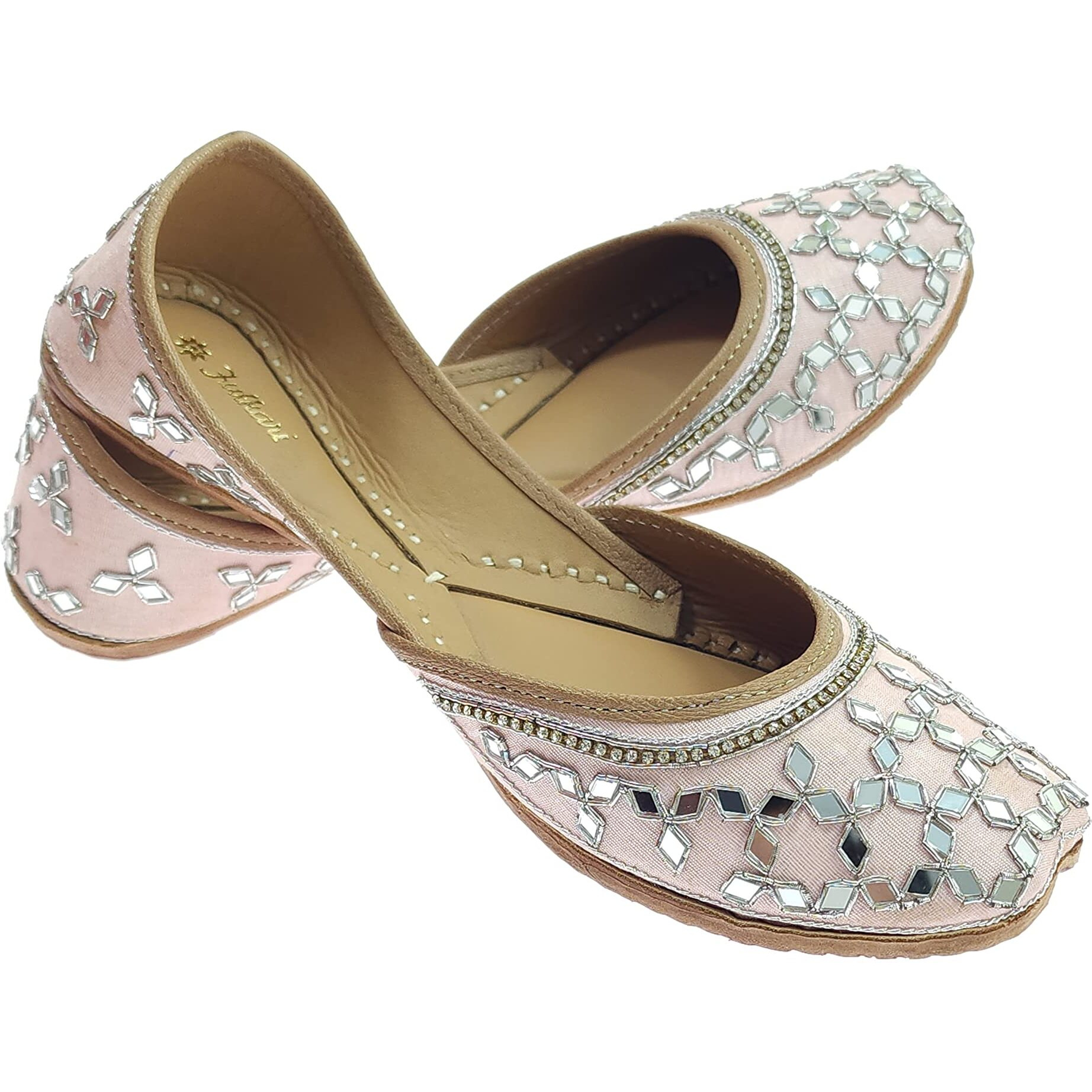 Fulkari Women's Mirror Pink Silver Genuine Soft Leather Embroidered Jutis | Bite And Pinch Free Jutti | Punjabi Formal Juttis | Girl's Wedding Flat Ladies Mojari | Formal Ethnic Juti |37