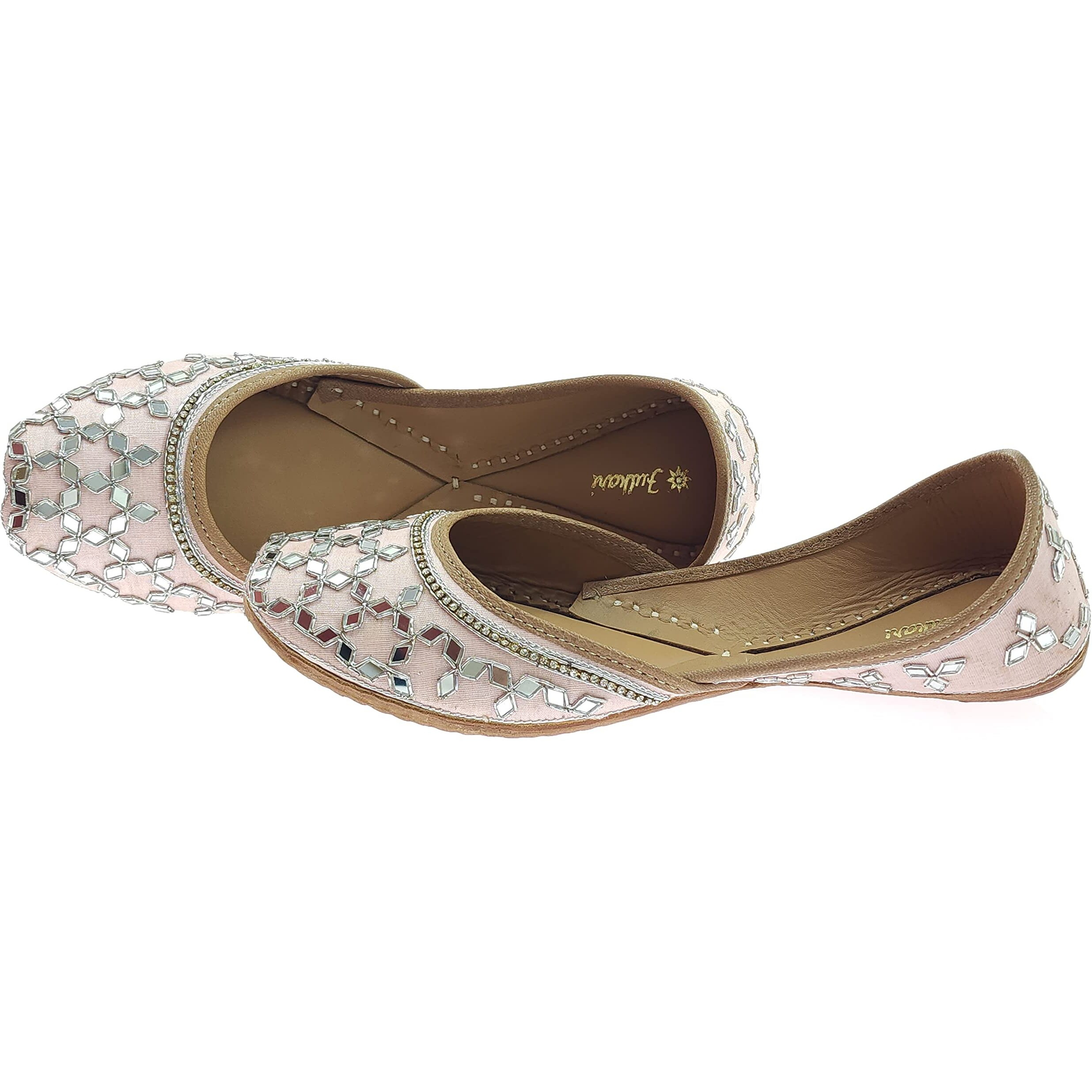 Fulkari Women's Mirror Pink Silver Genuine Soft Leather Embroidered Jutis | Bite And Pinch Free Jutti | Punjabi Formal Juttis | Girl's Wedding Flat Ladies Mojari | Formal Ethnic Juti |37