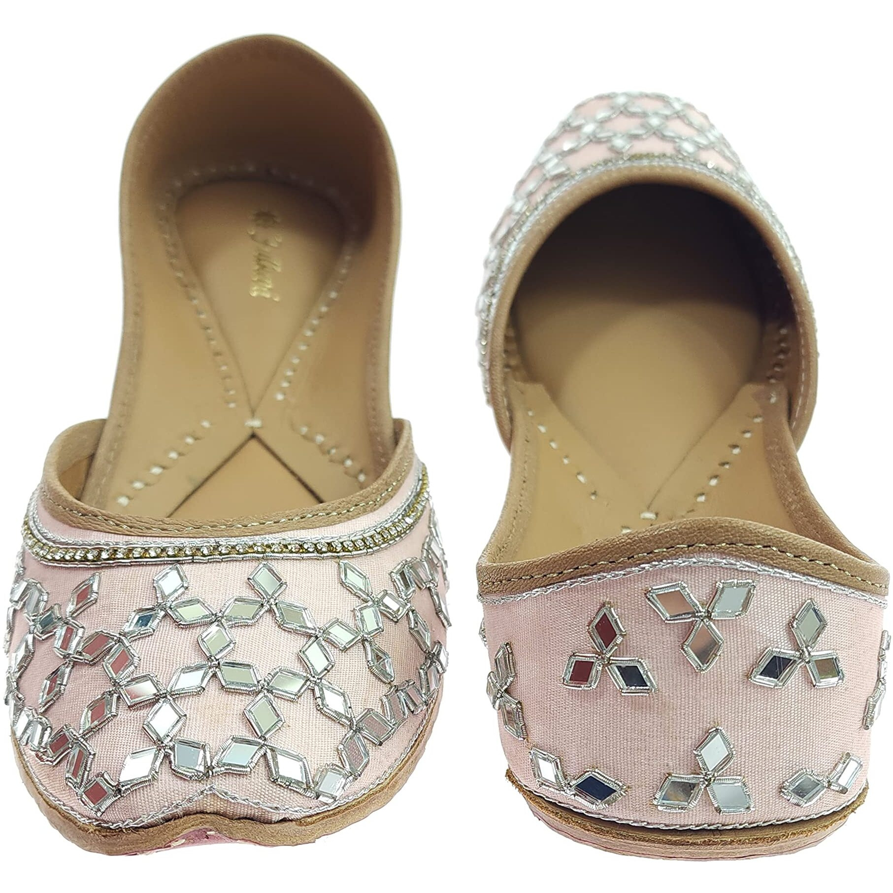 Fulkari Women's Mirror Pink Silver Genuine Soft Leather Embroidered Jutis | Bite And Pinch Free Jutti | Punjabi Formal Juttis | Girl's Wedding Flat Ladies Mojari | Formal Ethnic Juti |37