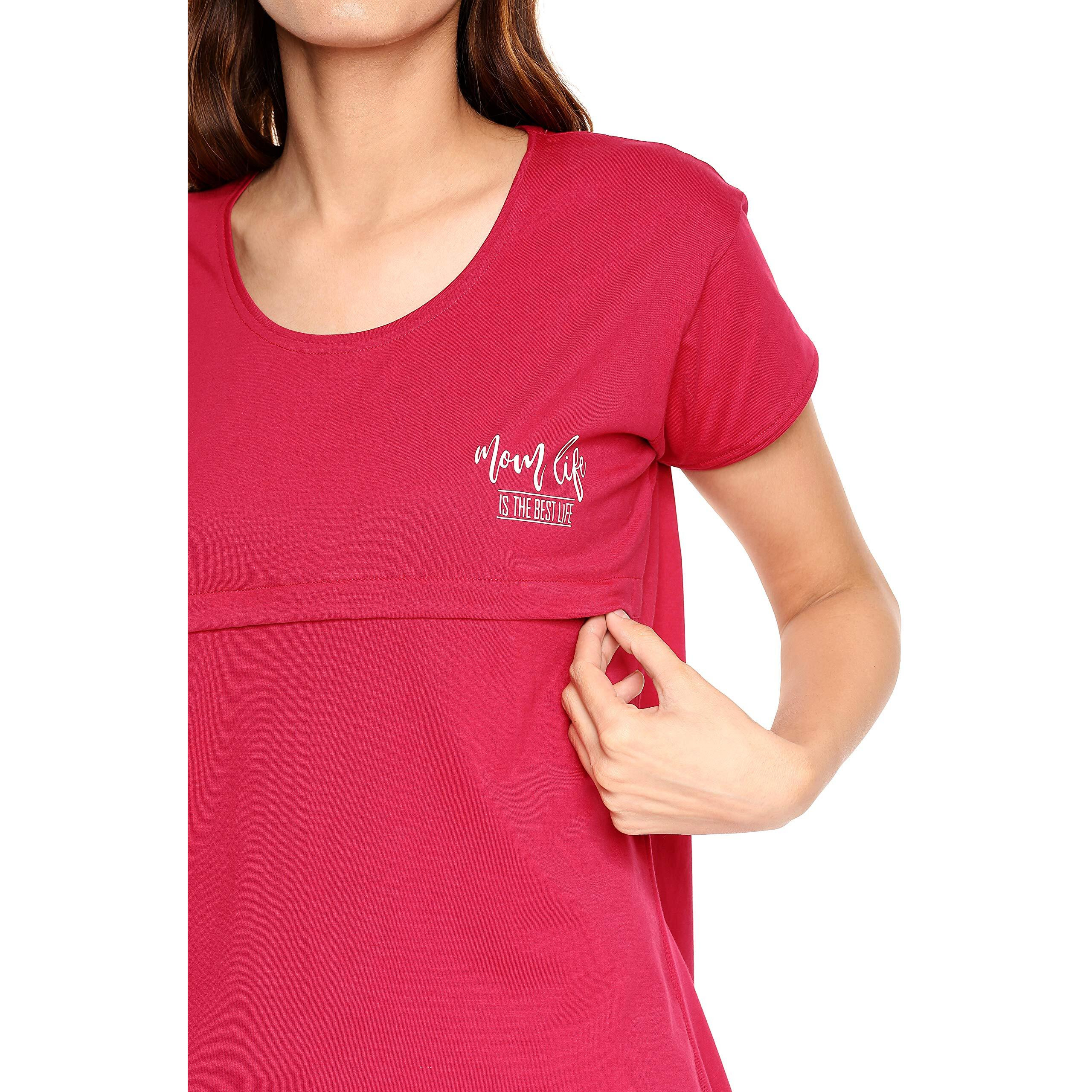 Zeyo Womens Cotton Nightwear Solid Plain Dark Pink Feeding Maternity Nursing Top 5177