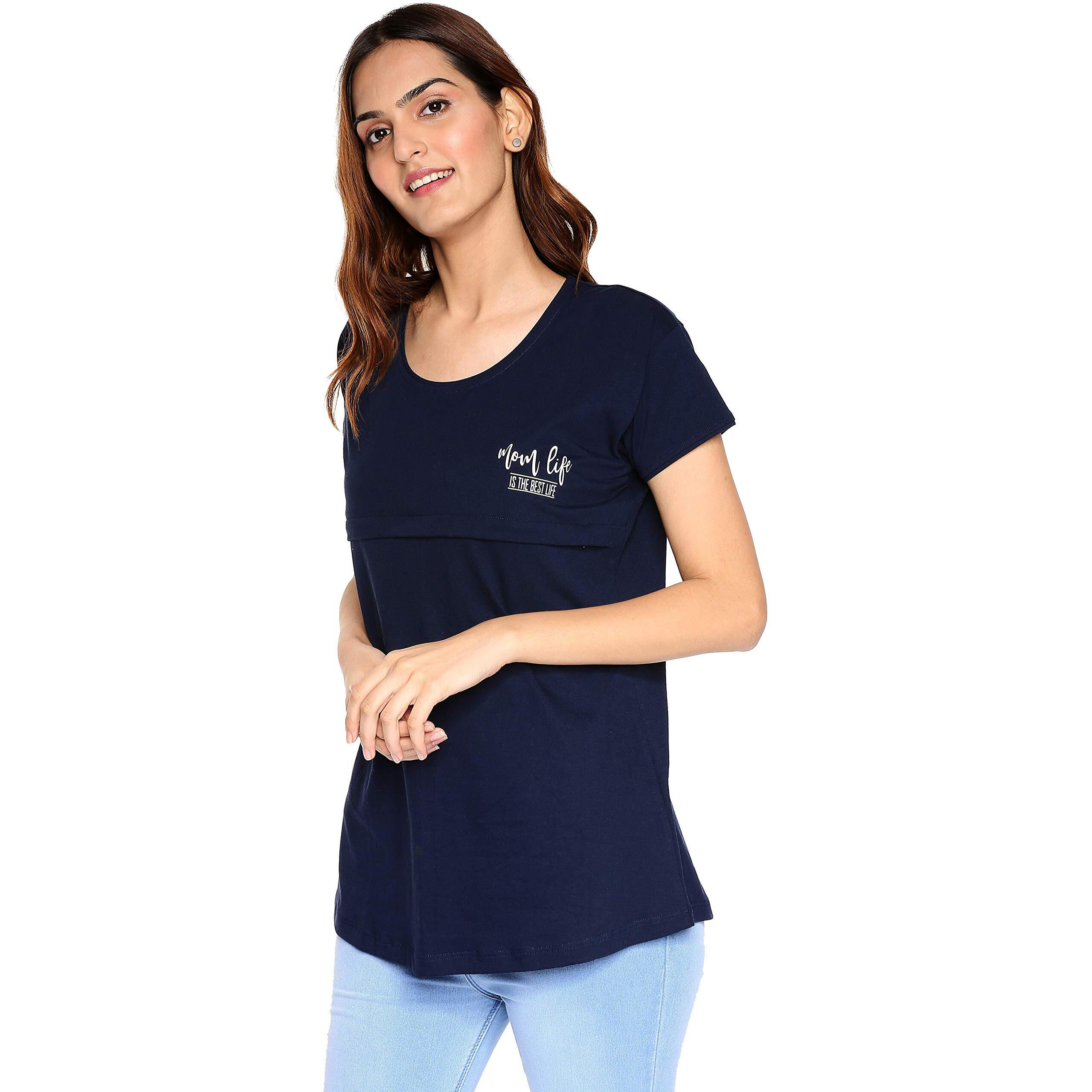 Zeyo Womens Regular Fit Cotton Nightwear Solid Plain Navy Blue Feeding Maternity Nursing Top 5177 Xl