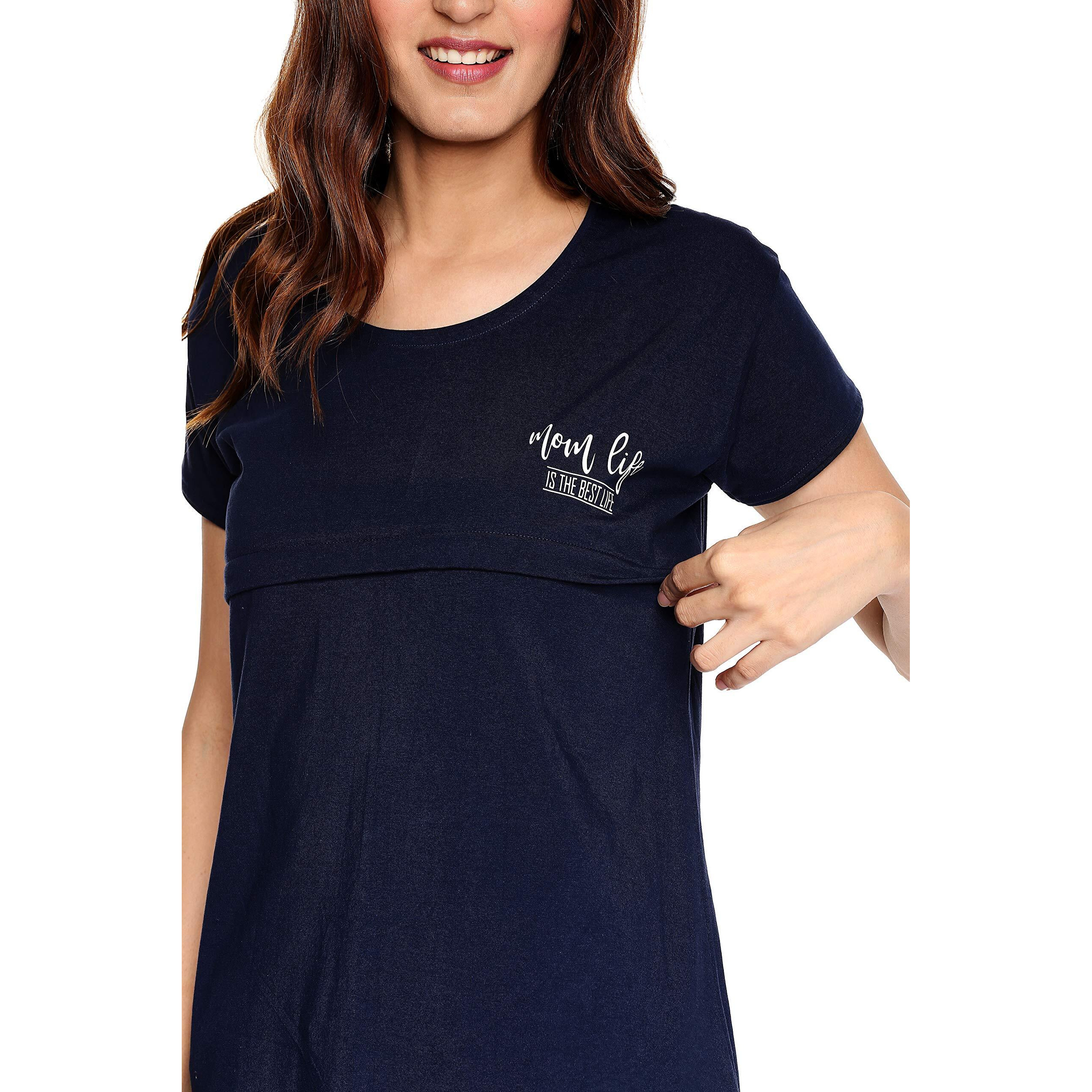 Zeyo Womens Regular Fit Cotton Nightwear Solid Plain Navy Blue Feeding Maternity Nursing Top 5177 Xl