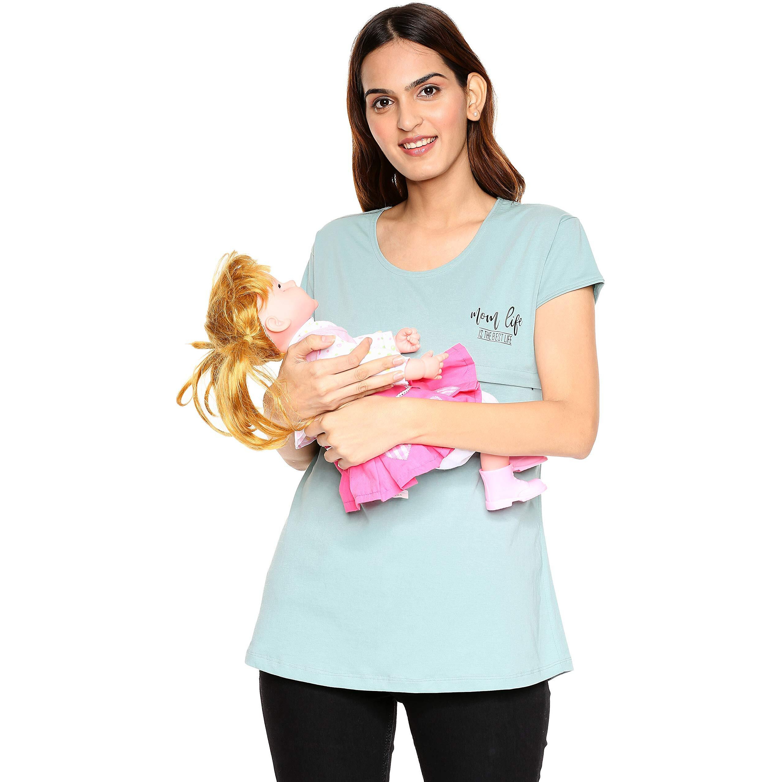 Zeyo Womens Cotton Nightwear Solid Plain Blue Feeding Maternity Nursing Top 5177