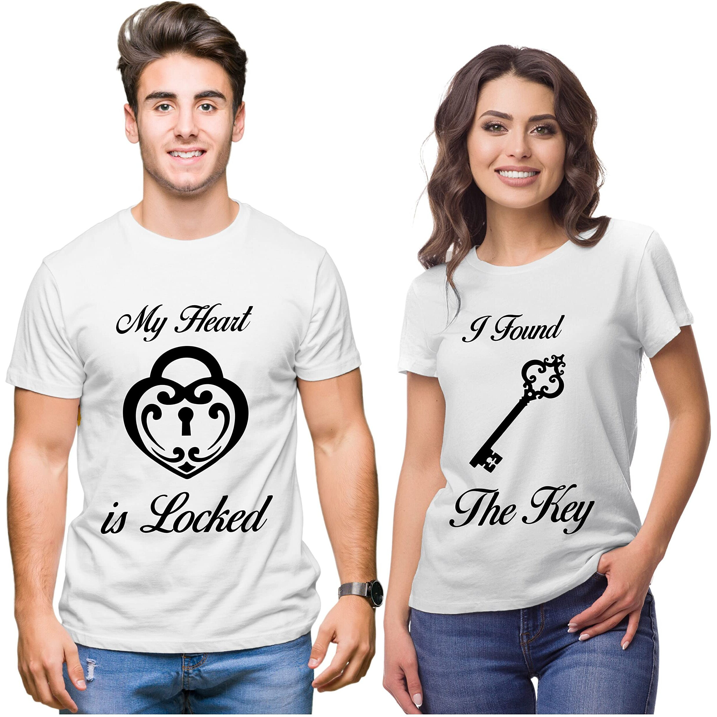 Hangout Hub Hh119 Couples Tshirt For Couple | Lock And Key (WhiteMen S,Women Xs) Printed T-Shirts For Men & Women | (Set Of 2 Cotton)