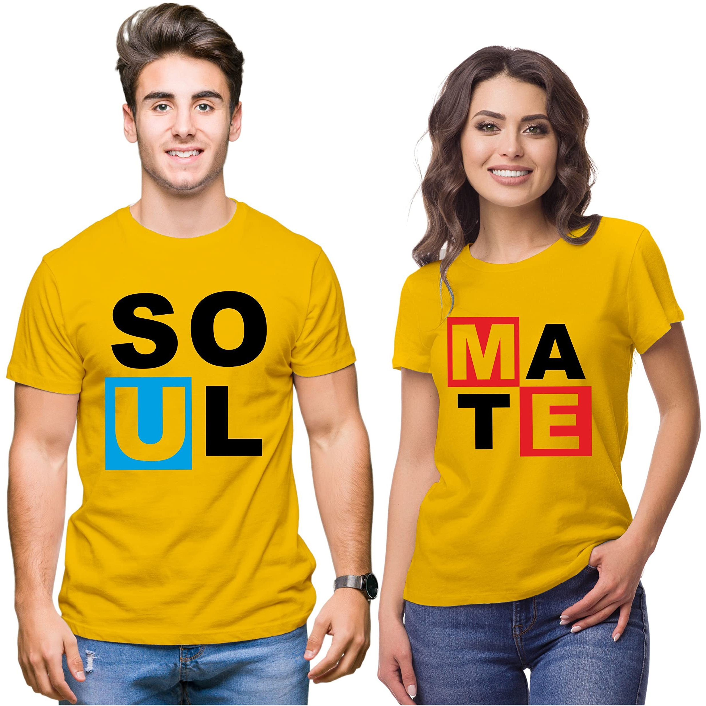 Hangout Hub Hh7 Men's & Women's Round Neck T-Shirt Soulmate (YellowMen M (38), Women Xs (32) ) Pack Of 2 Couple T-Shirts