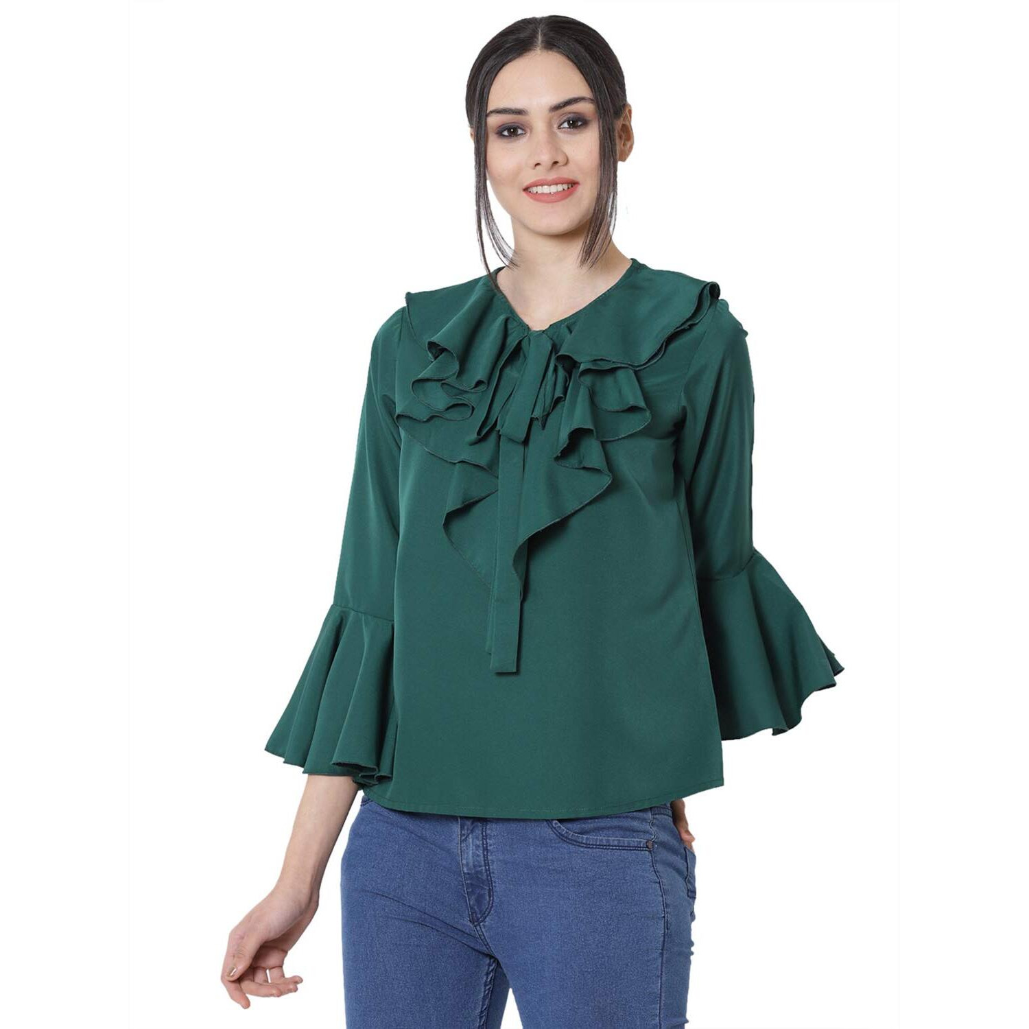 Indietoga Women's Plus Size Crepe Casual Ruffled Neck Tops (10001240_Green Solid_4Xl)