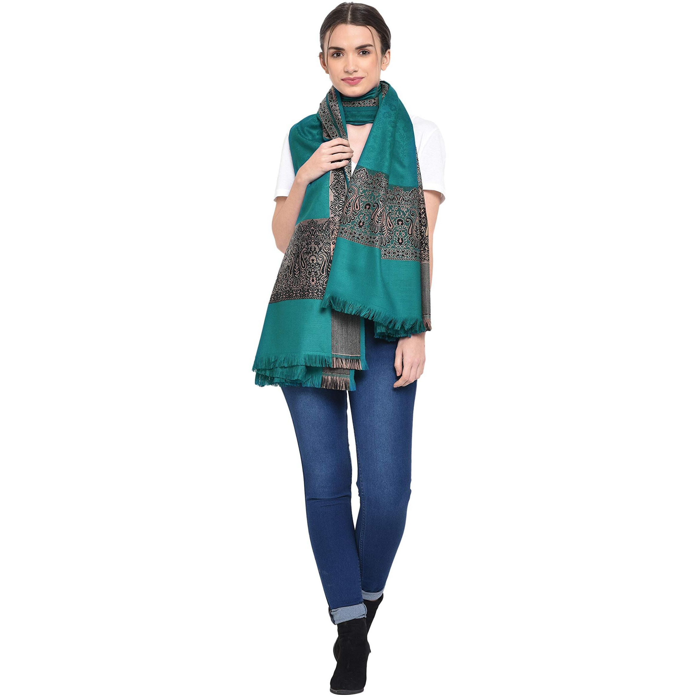 Weavers Villa Women's Kashmiri Acro Wool Self Design Border Shawl (Newgreen), 100Cm X 200Cm