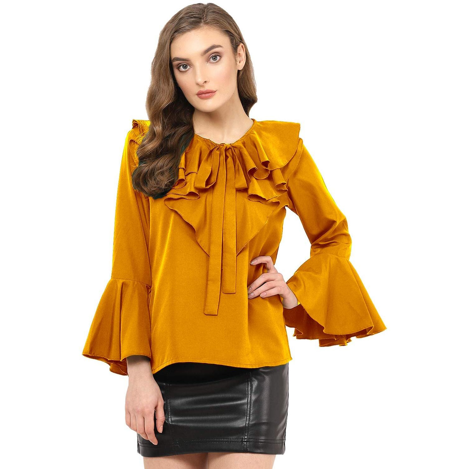 Indietoga Women's Crepe Casual Ruffled Neck Tops (10001247_Mustard Solid_Small)