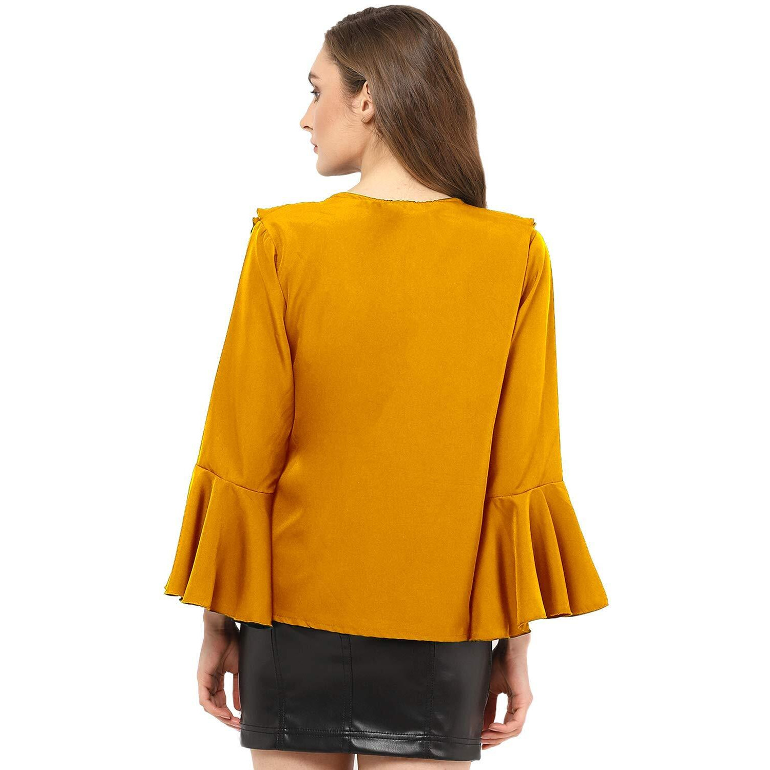 Indietoga Women's Crepe Casual Ruffled Neck Tops (10001247_Mustard Solid_Small)