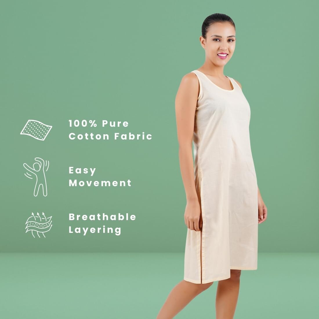 Happy Bunny Full Knee Length Cotton Camisole Inner Long Slip For Women - Firm Notstretchable Slip Lining For Kurti And Chickankari Suits/Tops - Suits Summer And Winter