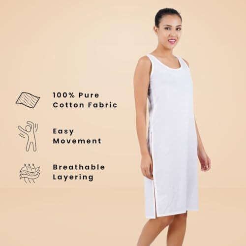 Happy Bunny Full Knee Length Cotton Camisole Inner Long Slip For Women - Firm Notstretchable Slip Lining For Kurti And Chickankari Suits/Tops - Suits Summer And Winter
