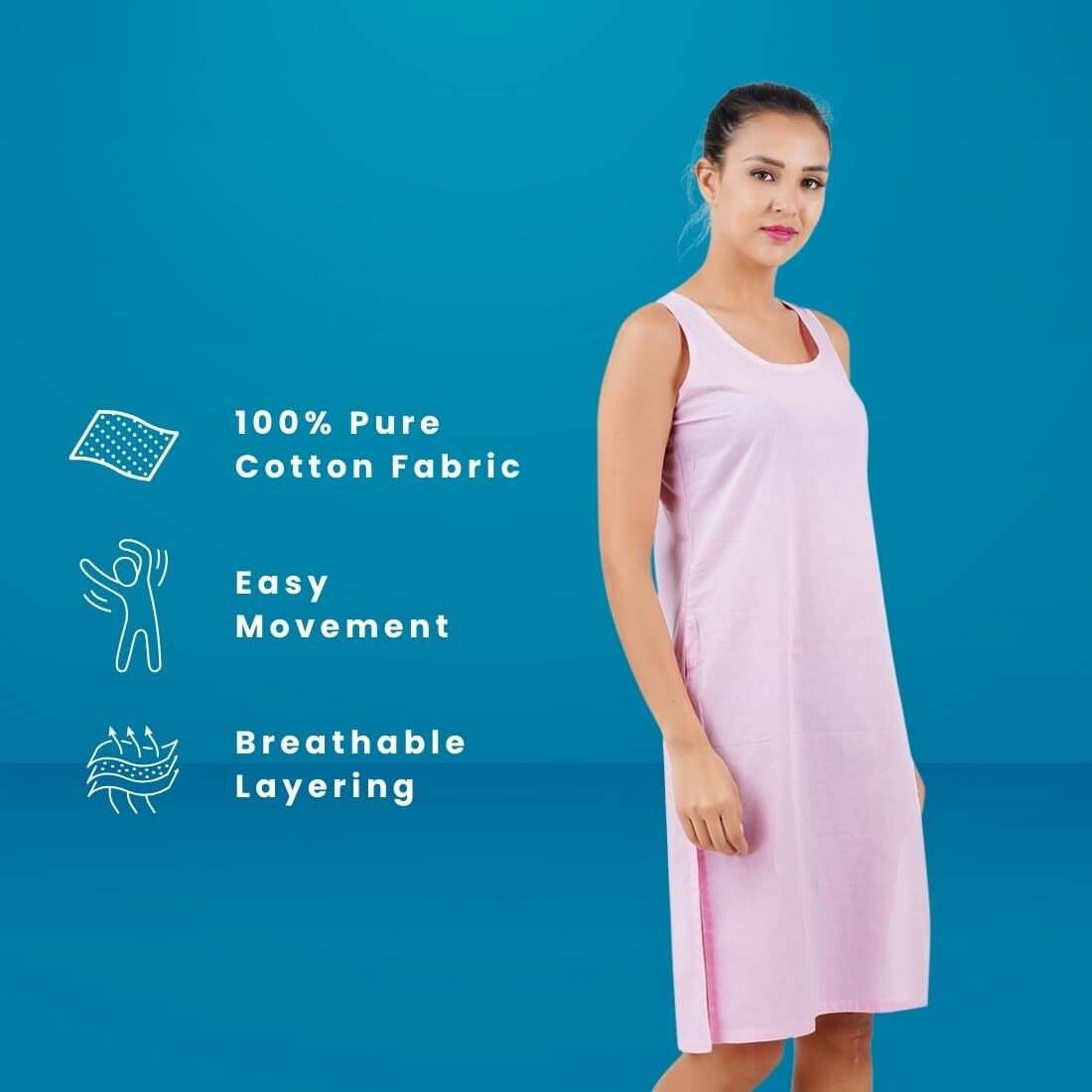 Happy Bunny Full Knee Length Cotton Camisole Inner Long Slip For Women - Firm Notstretchable Slip Lining For Kurti And Chickankari Suits/Tops - Suits Summer And Winter
