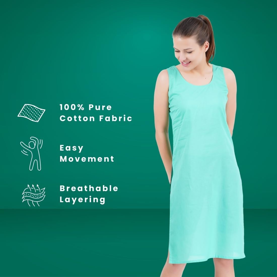 Happy Bunny Full Knee Length Cotton Camisole Inner Long Slip For Women - Firm Notstretchable Slip Lining For Kurti And Chickankari Suits/Tops - Suits Summer And Winter