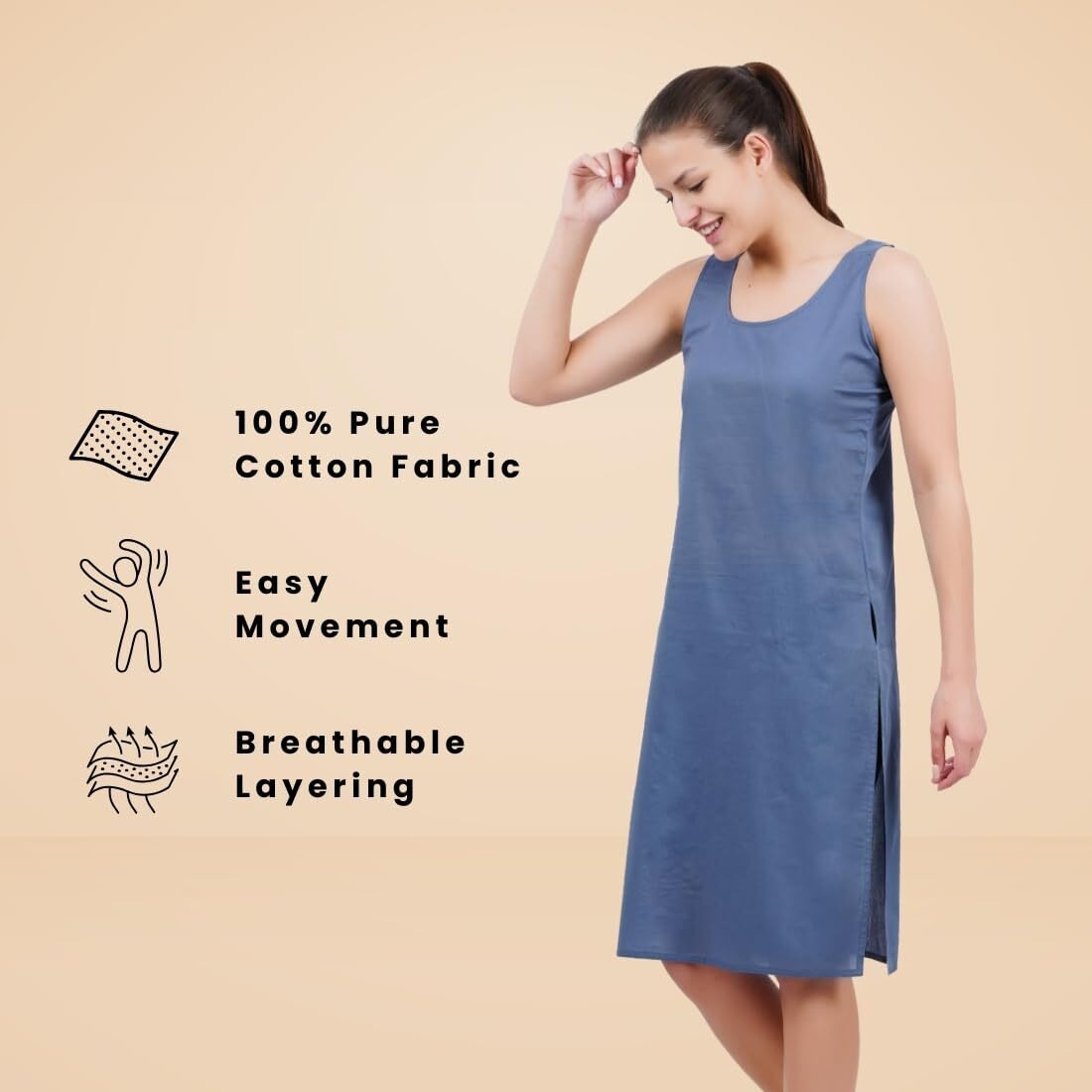 Happy Bunny Full Knee Length Cotton Camisole Inner Long Slip For Women - Firm Notstretchable Slip Lining For Kurti And Chickankari Suits/Tops - Suits Summer And Winter