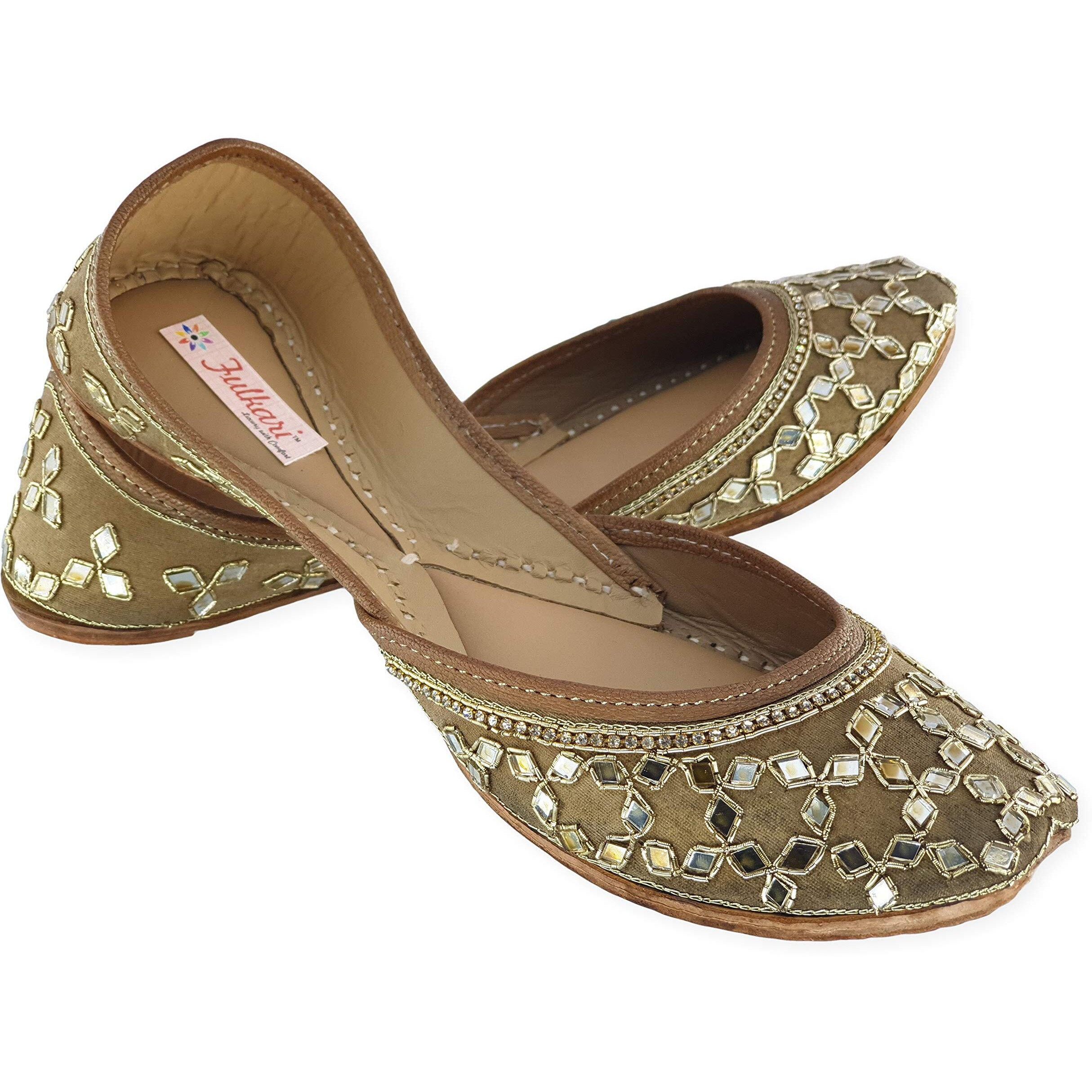 Fulkari Women's Mirror Brown Gold Genuine Soft Leather Embroidered Jutis | Bite And Pinch Free Jutti | Punjabi Formal Juttis | Girl's Wedding Flat Ladies Mojari | Formal Ethnic Juti |40