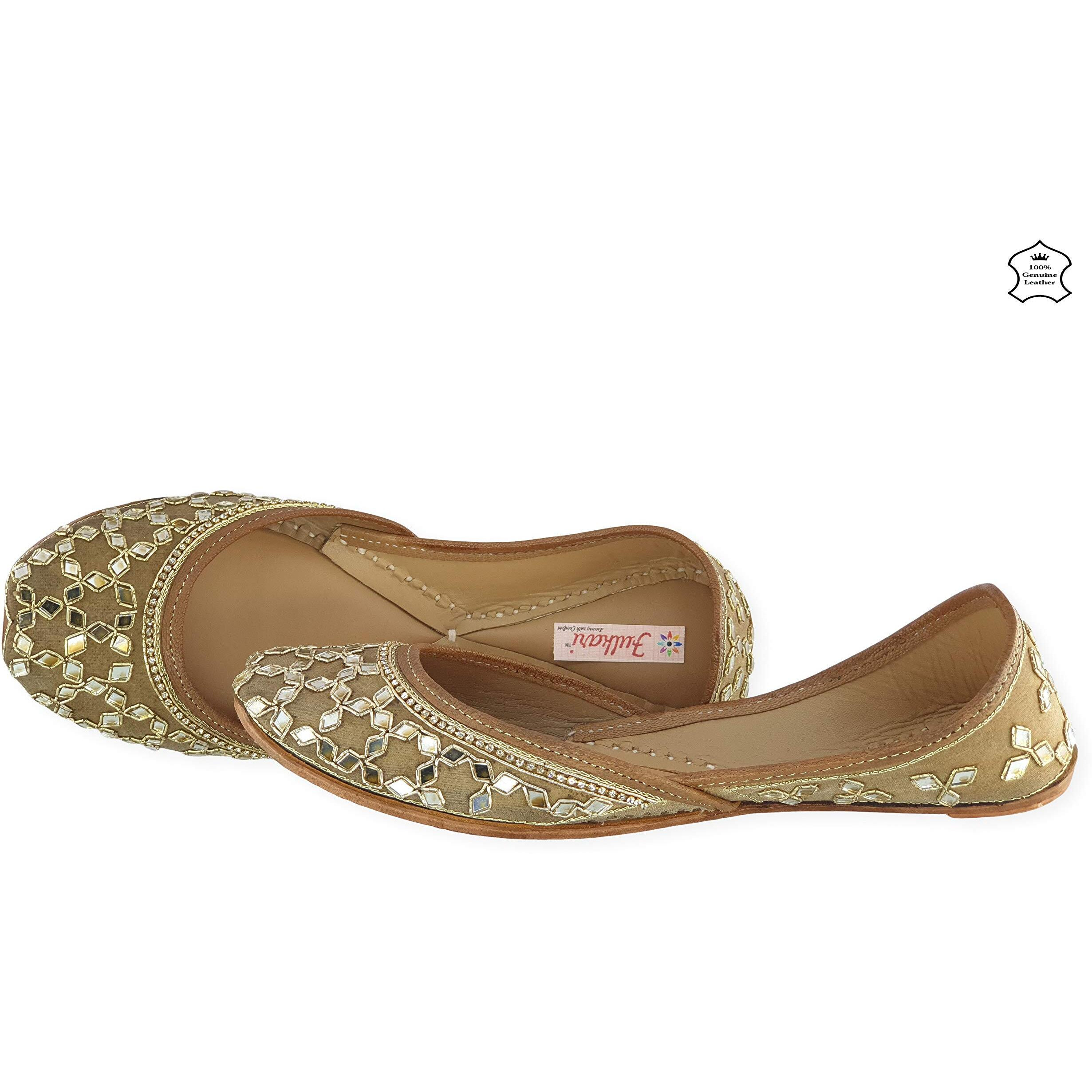 Fulkari Women's Mirror Brown Gold Genuine Soft Leather Embroidered Jutis | Bite And Pinch Free Jutti | Punjabi Formal Juttis | Girl's Wedding Flat Ladies Mojari | Formal Ethnic Juti |40