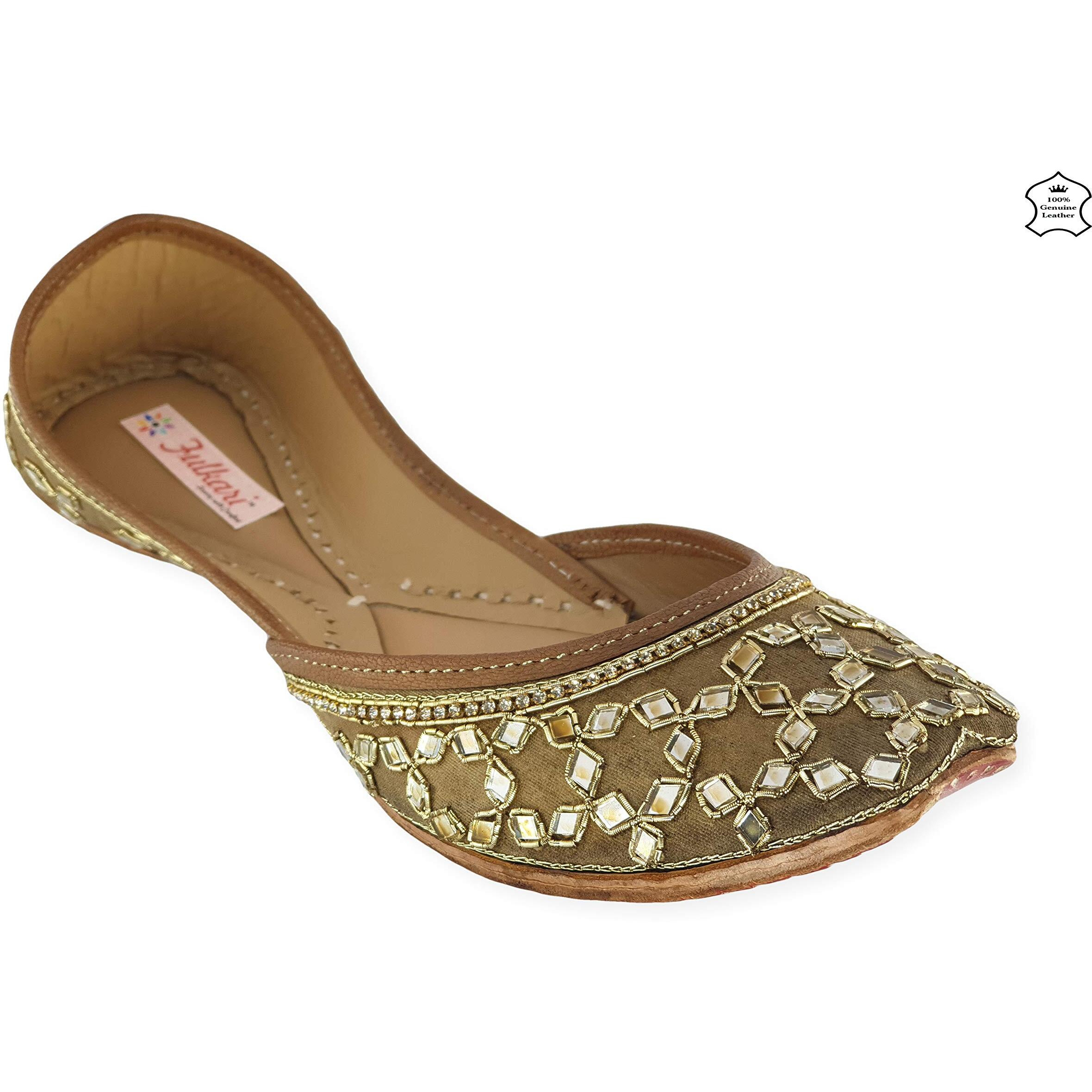 Fulkari Women's Mirror Brown Gold Genuine Soft Leather Embroidered Jutis | Bite And Pinch Free Jutti | Punjabi Formal Juttis | Girl's Wedding Flat Ladies Mojari | Formal Ethnic Juti |40