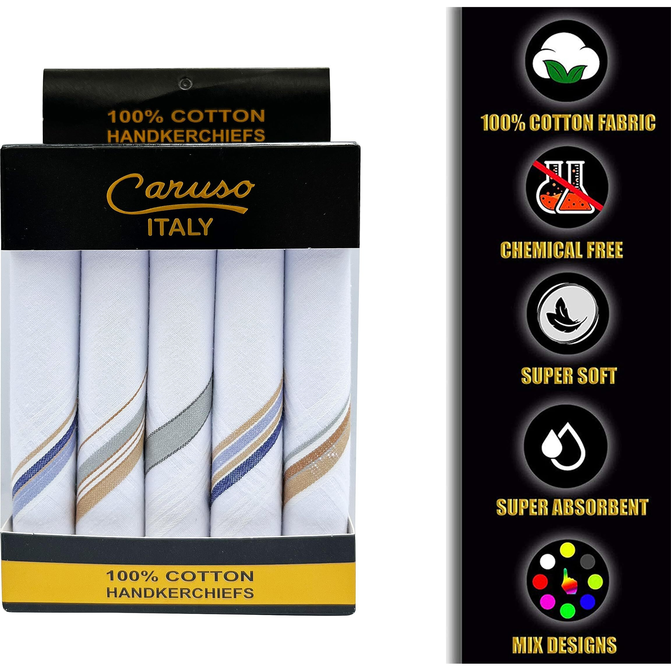Caruso Italy Men's Premium 100% Pure Cotton Handkerchief White Base Colored Border - Pack Of 5 (46X46 Cm)