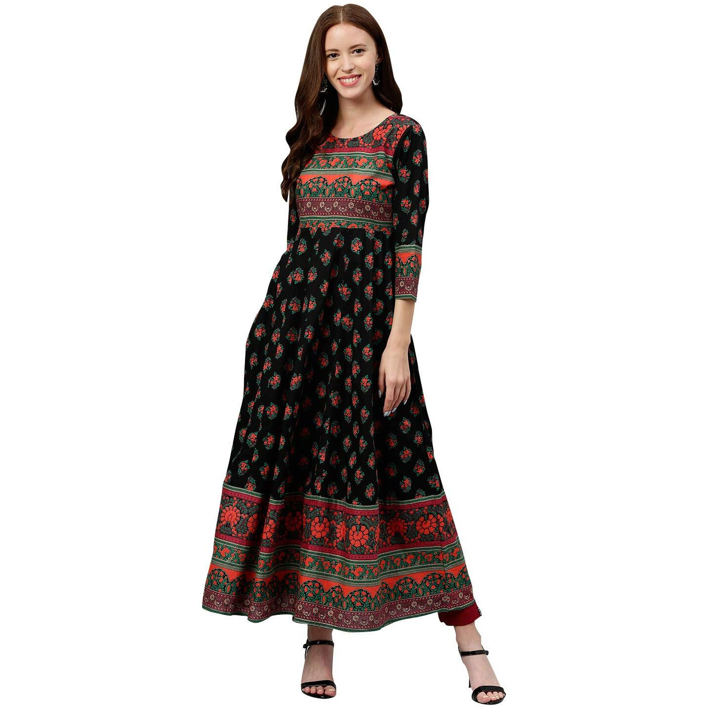 Kipek Women's Black Block Print Anarkali Kutra - Cotton Fabric, 3/4 Sleeves, Round Neck And Ankle Length.