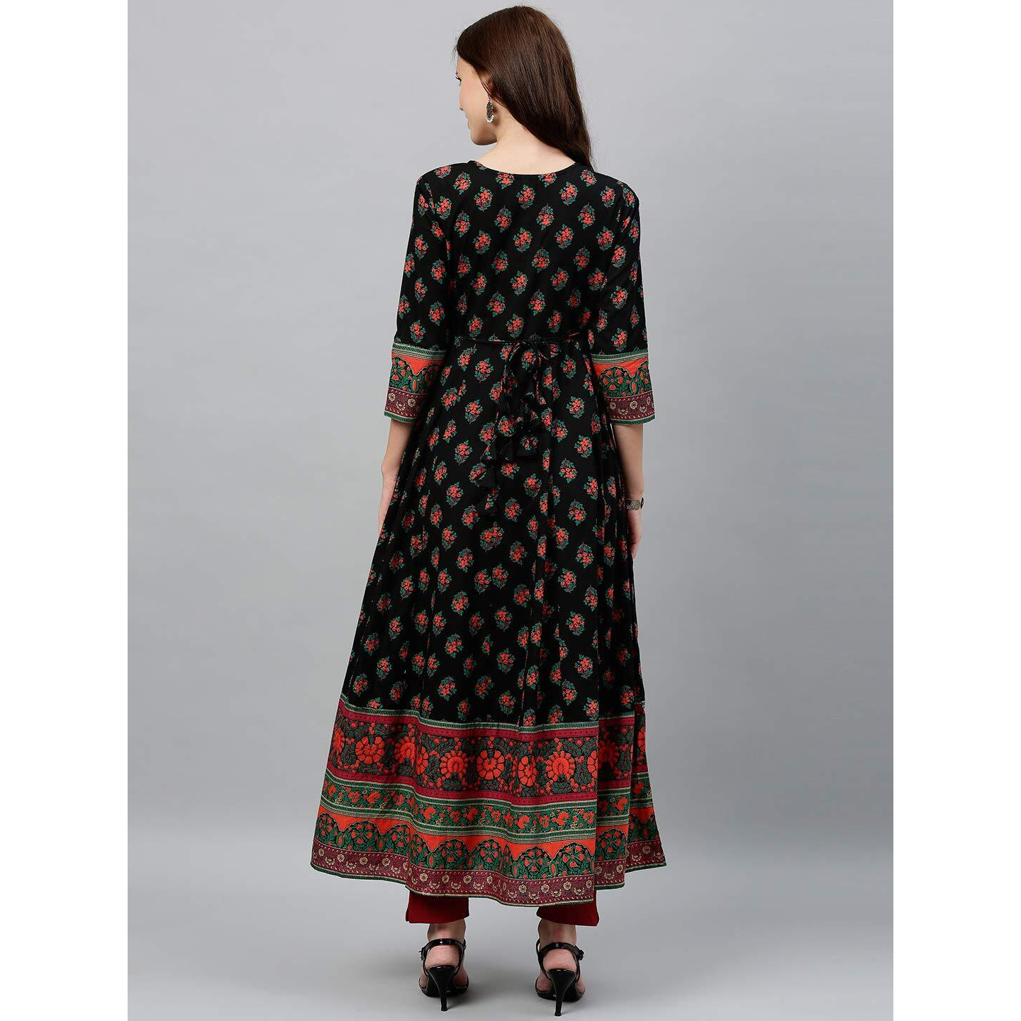 Kipek Women's Black Block Print Anarkali Kutra - Cotton Fabric, 3/4 Sleeves, Round Neck And Ankle Length.