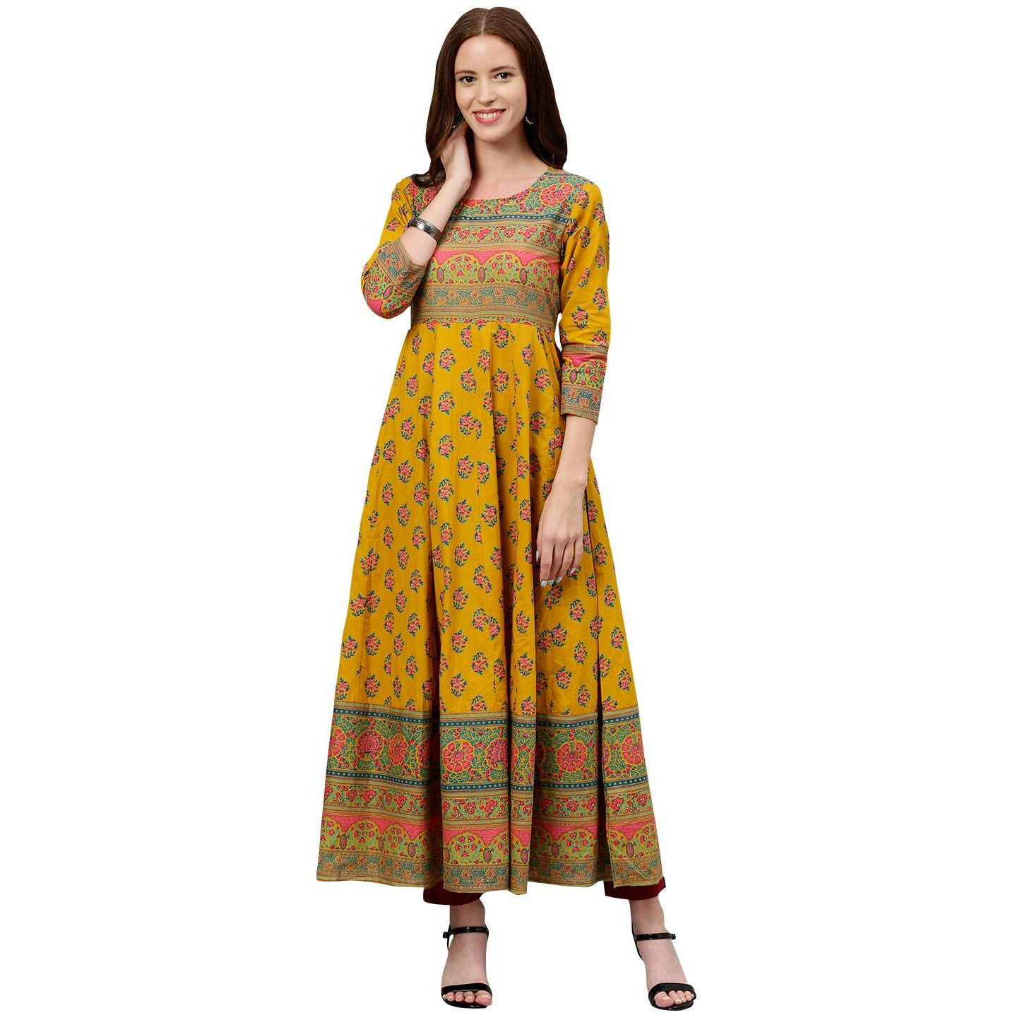 Kipek Women's Black Block Print Anarkali Kutra - Cotton Fabric, 3/4 Sleeves, Round Neck And Ankle Length.