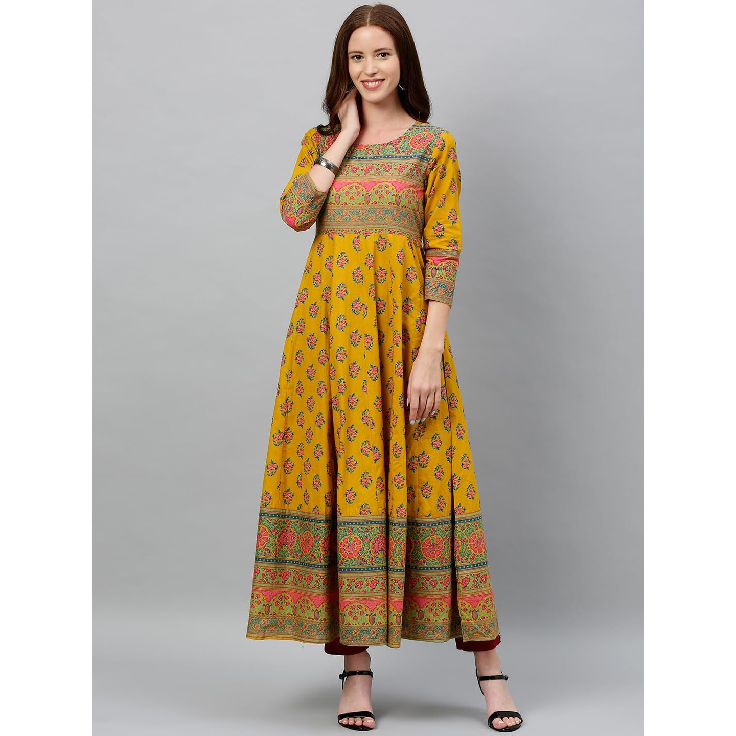 Kipek Women's Black Block Print Anarkali Kutra - Cotton Fabric, 3/4 Sleeves, Round Neck And Ankle Length.