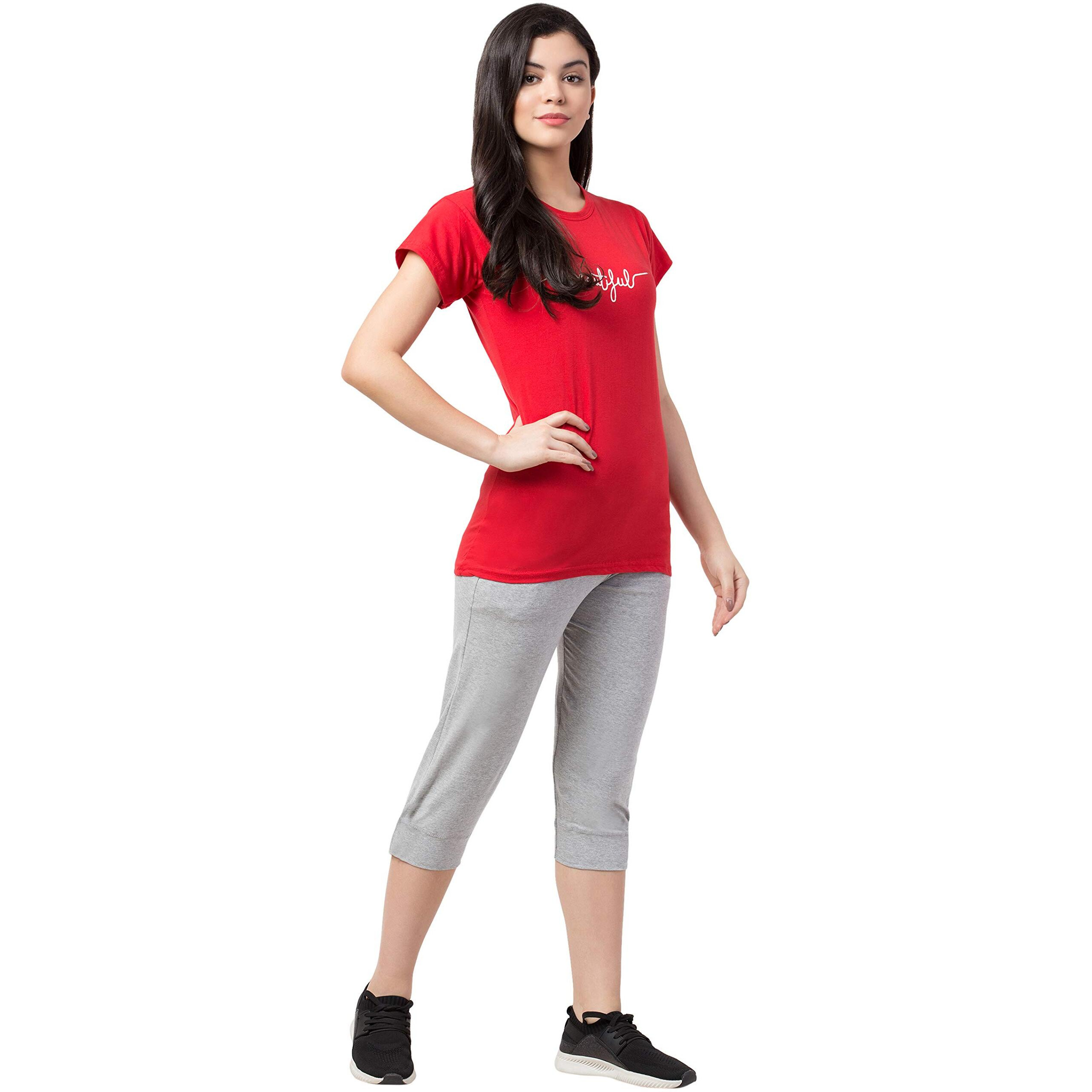 Funday Fashion Women's Cotton Blend Printed Nightwear Set (Sys-8006-08_Red_S)