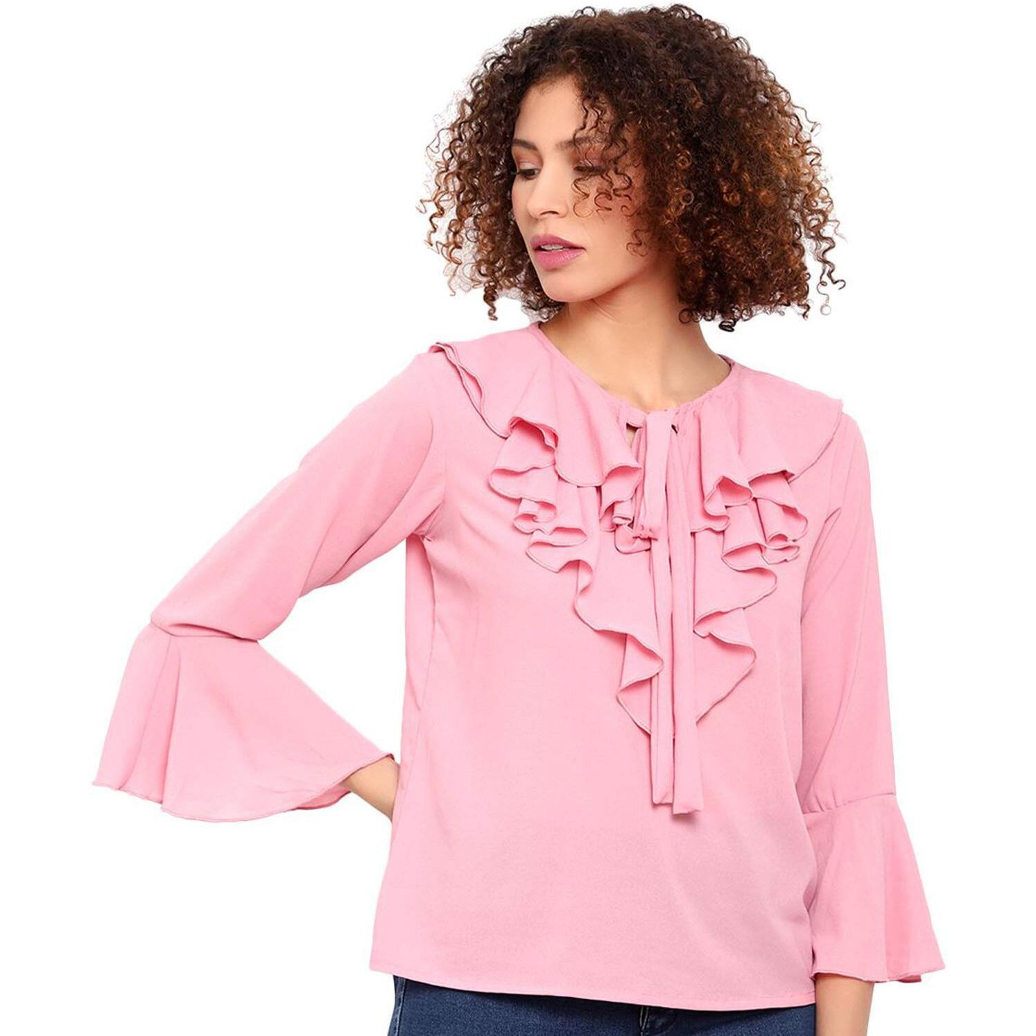 Indietoga Women's Pink Solid Ruffled Georgette Tops (Bell Sleeves X-Small)